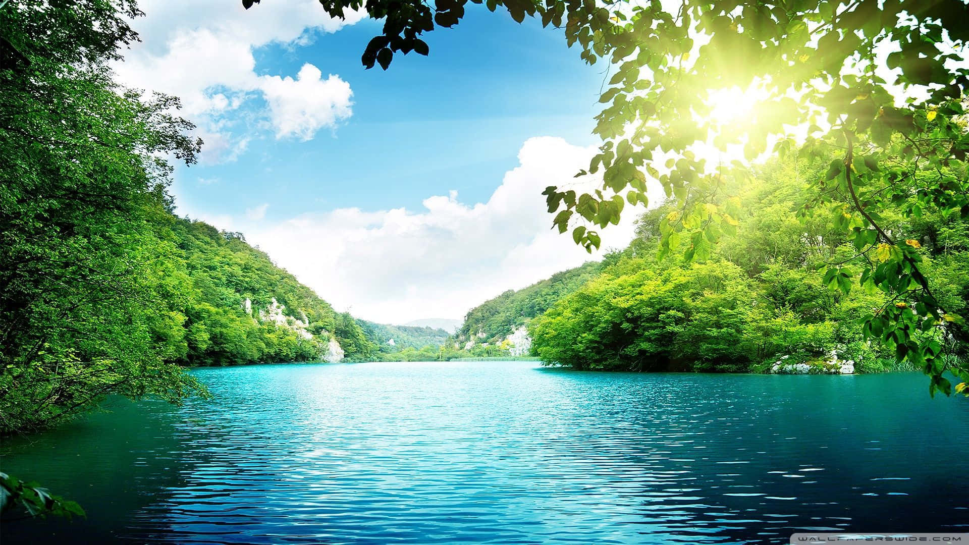 lush green trees, serene turquoise lake, forested hills, Full HD Desktop Wallpaper