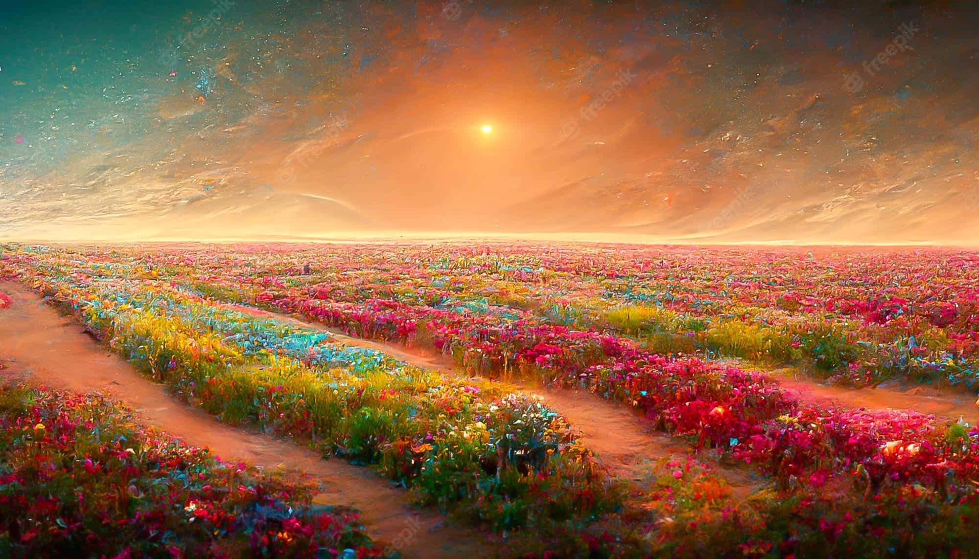surreal sunset, vast field of vividly colored flowers, warm golden light, Full HD Desktop Wallpaper