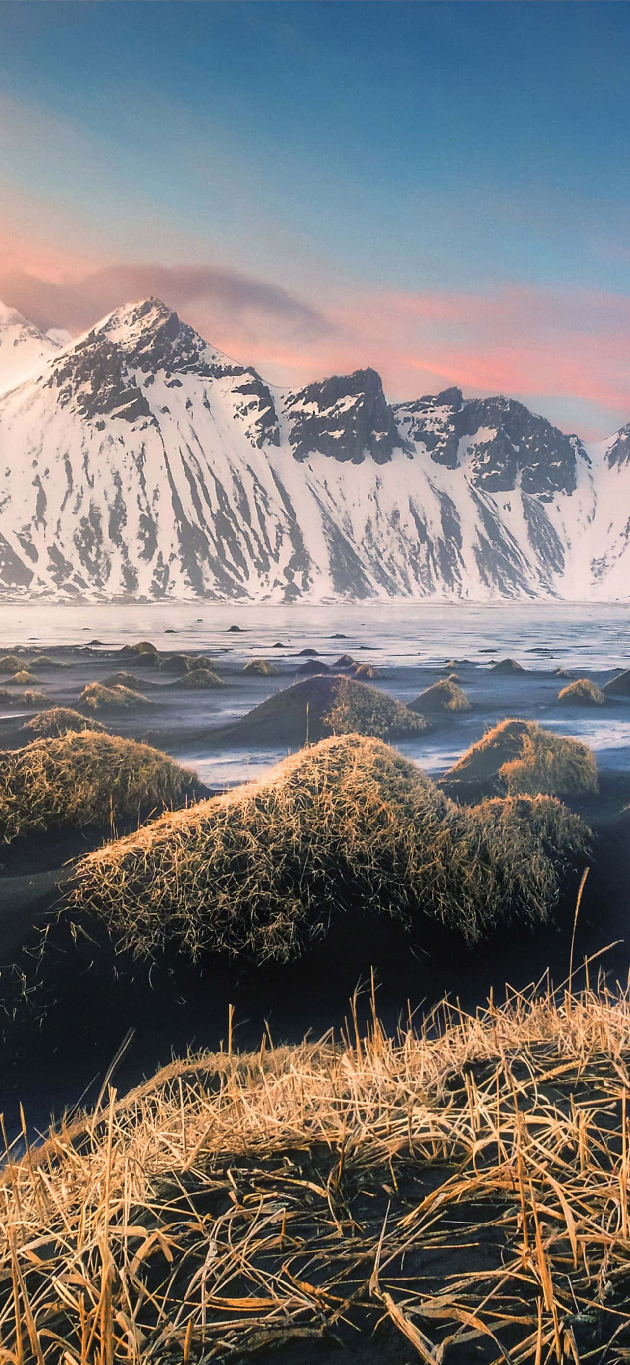 Snowcapped mountains, frozen sea, golden grasses, 2K Phone Wallpaper