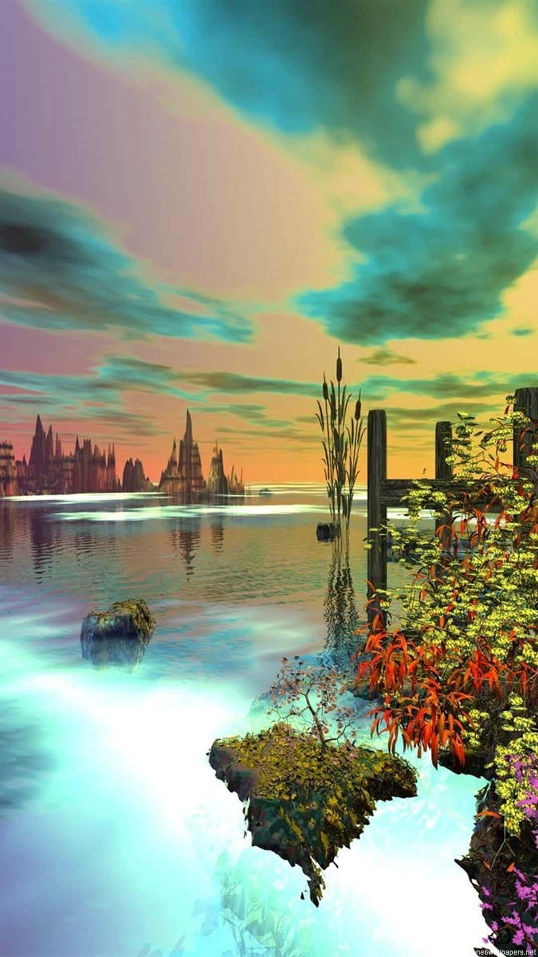 twilight, glowing turquoise water, fantastical city skyline, Full HD Phone Wallpaper