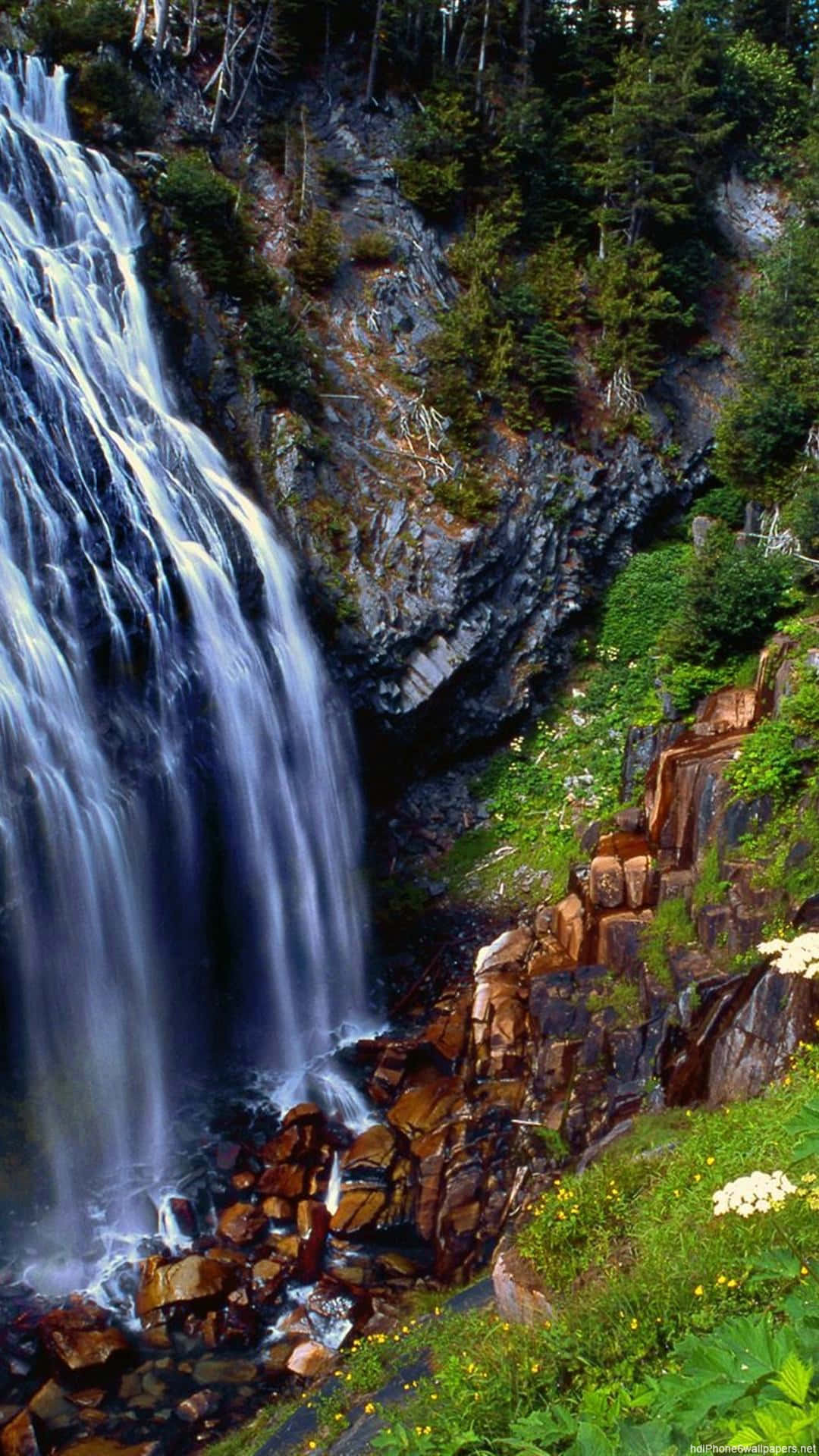 Green Hills, majestic waterfall, rugged cliffside, Full HD Phone Wallpaper