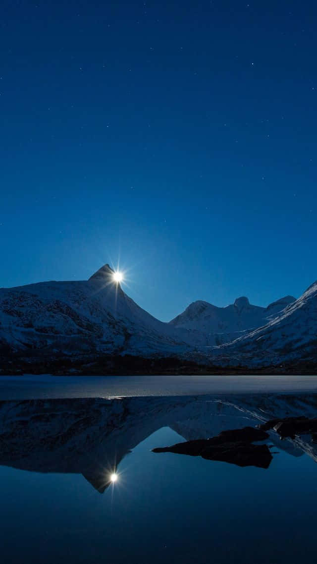 snowcapped mountain peak, bright moon, calm lake, SD Phone Wallpaper