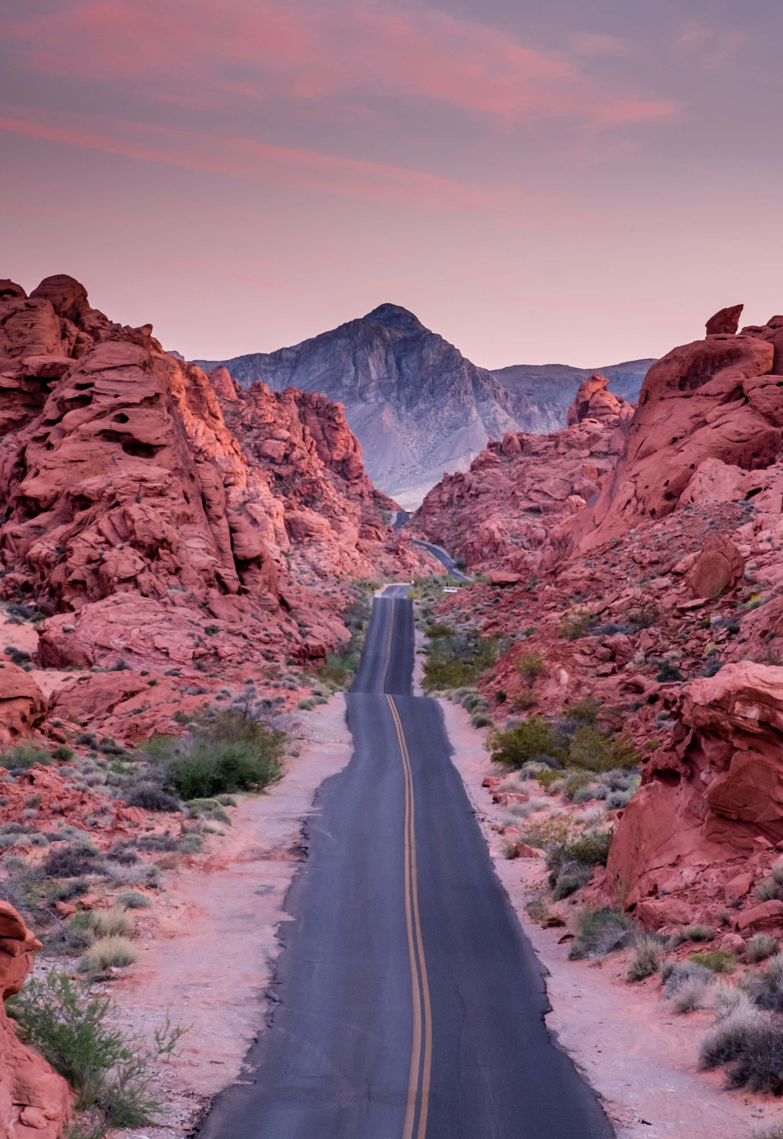 asphalt road, red rock formations, pink and purple twilight sky, 4K Phone Wallpaper