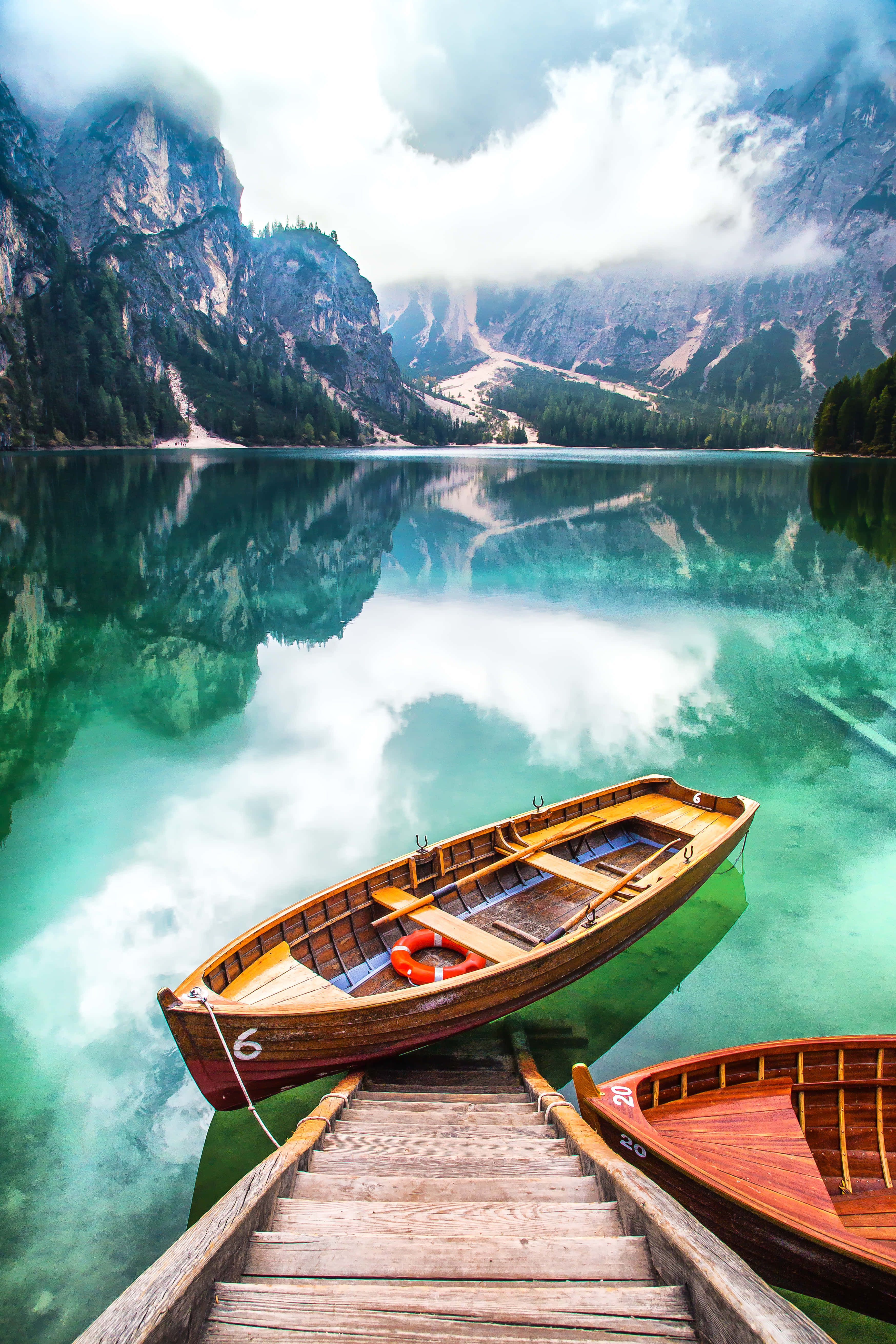 wooden boat, wooden dock, crystal clear turquoise lake, 5K Phone Wallpaper