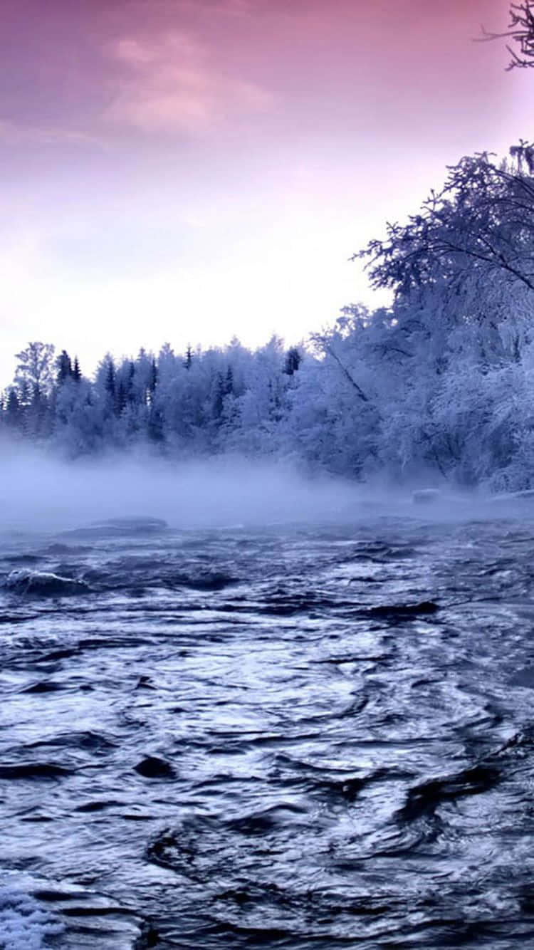 Lake Nature Winter iPhone, winter river, snow-covered trees, HD Phone Wallpaper