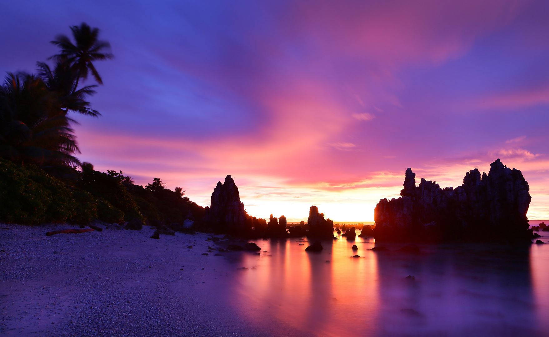 Nauru, purple sunset sky, tropical beach, HD Desktop Wallpaper