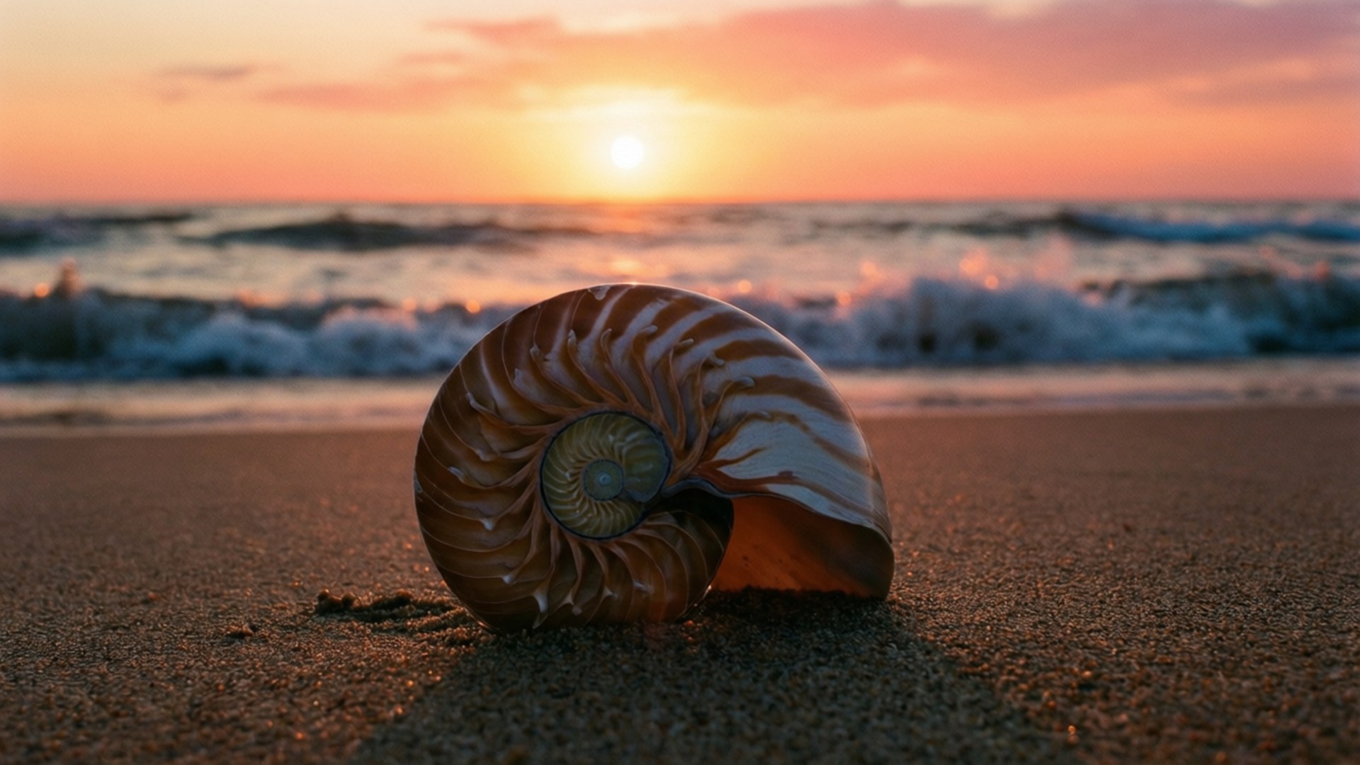 nautilus shell, sunset, beach, Full HD Desktop Wallpaper