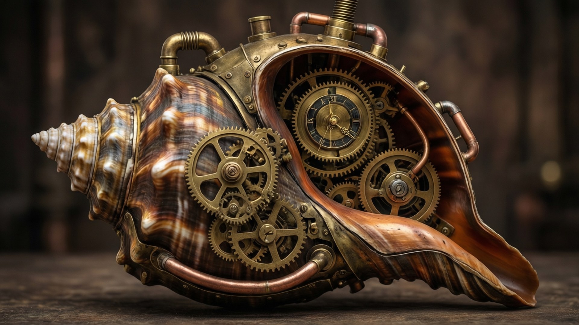 steampunk, nautilus shell, clockwork, Full HD Desktop Wallpaper