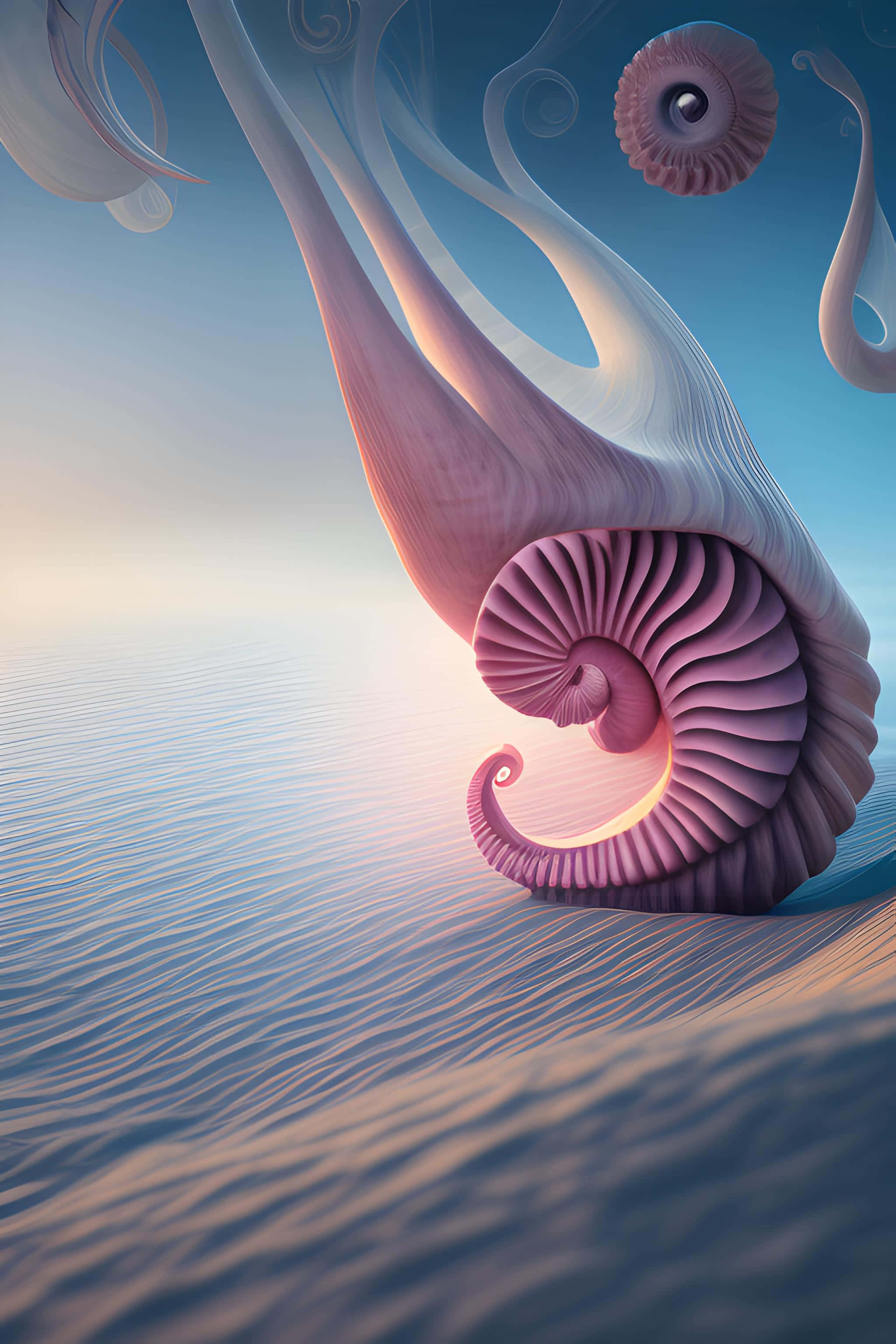nautilus, glowing purple nautilus shell, rippling blue water, 2K Phone Wallpaper