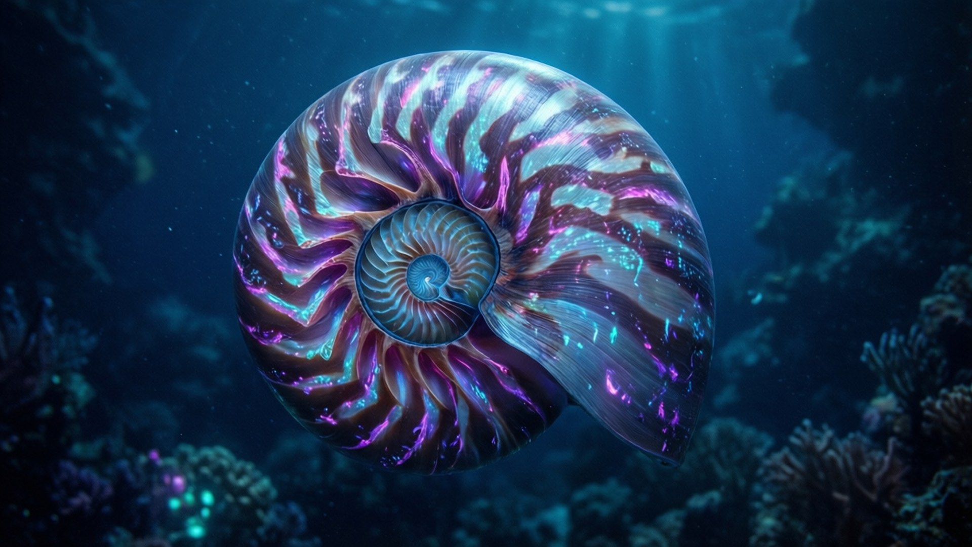 bioluminescent deep sea nautilus, glowing nautilus shell, dark ocean depths, Full HD Desktop Wallpaper