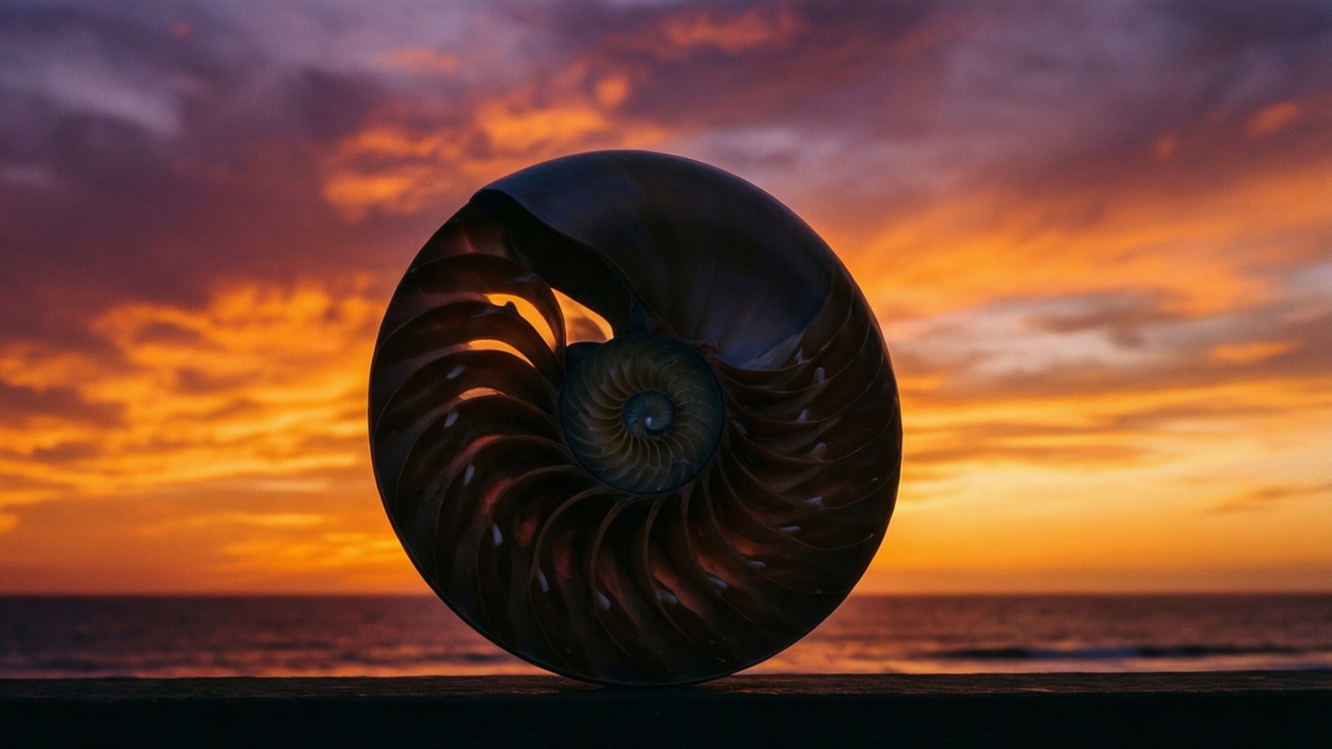 nautilus shell silhouette, beach, fiery orange and purple sunset sky, Full HD Desktop Wallpaper