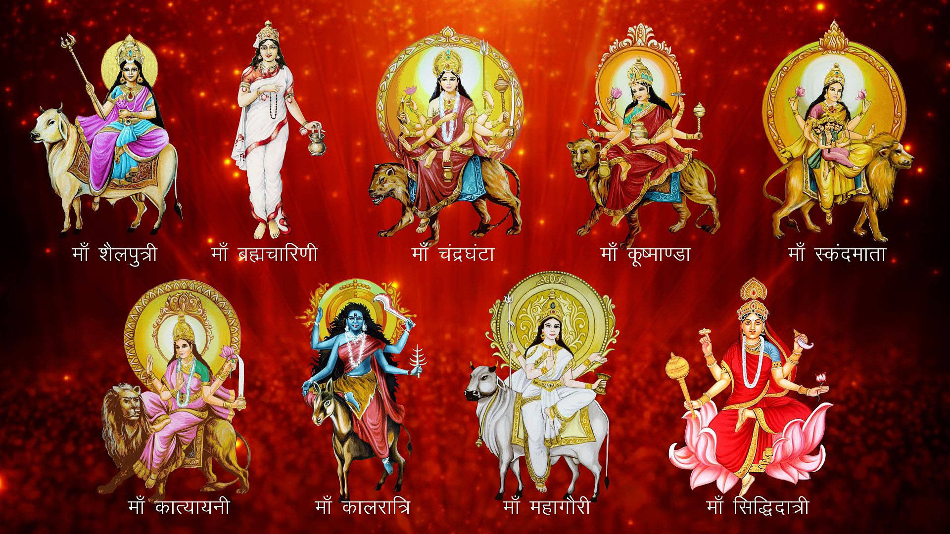 Nav Durga, Hindu goddesses, vibrant traditional attire, Full HD Desktop Wallpaper