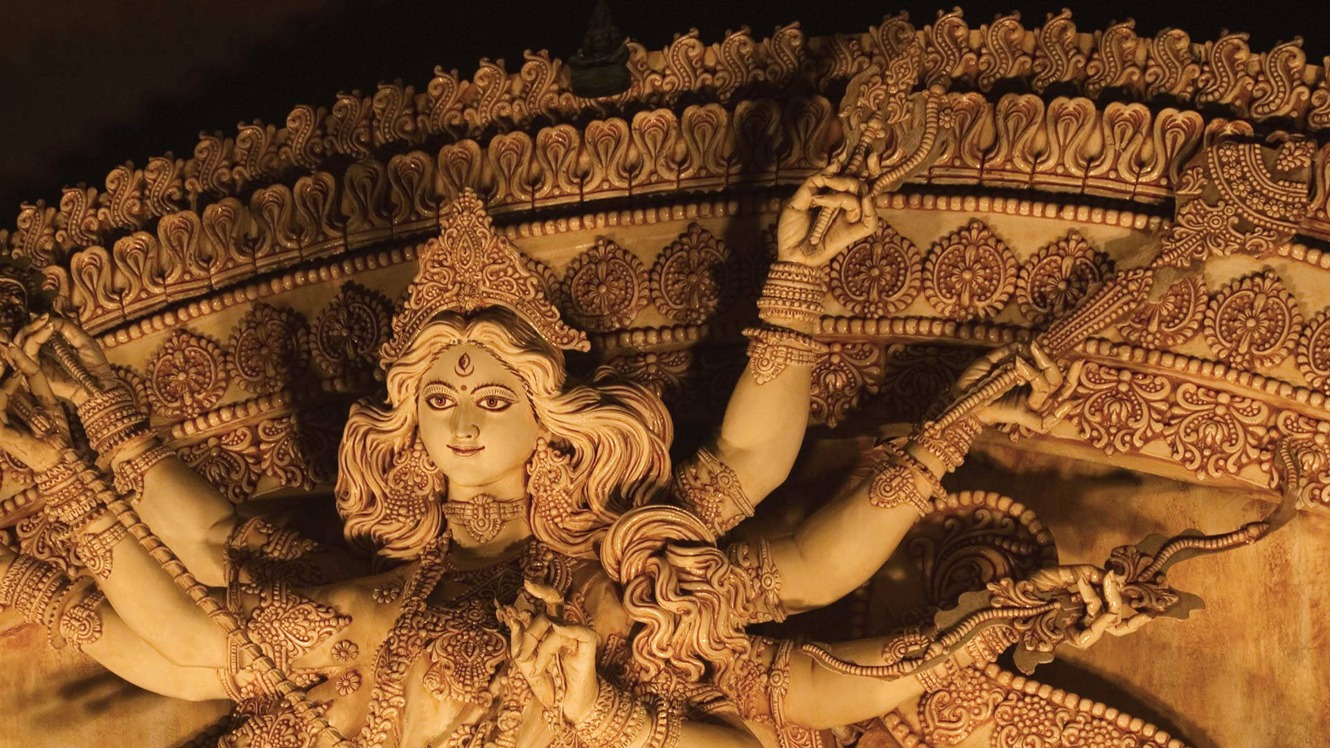 Durga, golden statue, multiple arms, Full HD Desktop Wallpaper