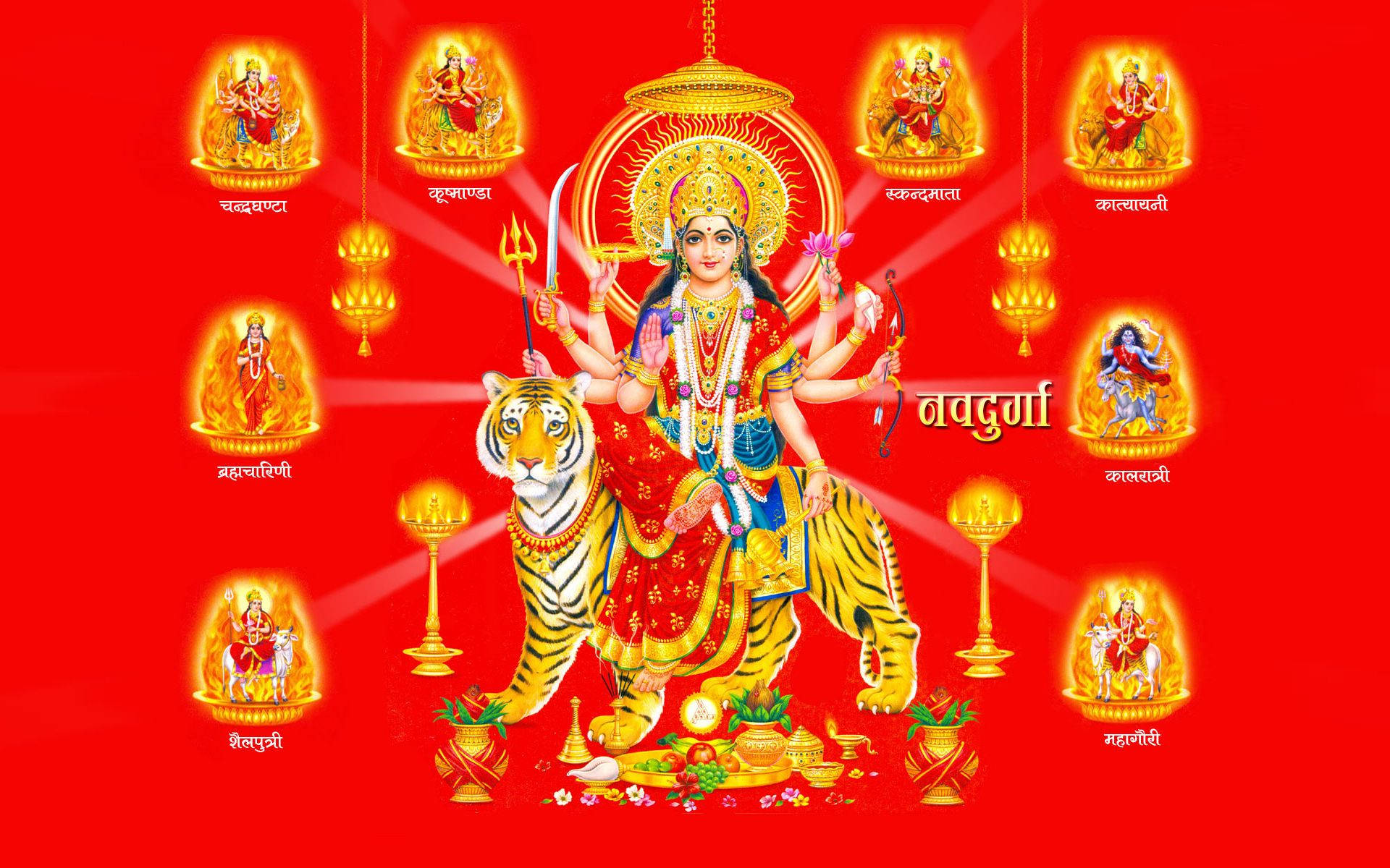 Nav Durga, red, tiger, Full HD Desktop Wallpaper