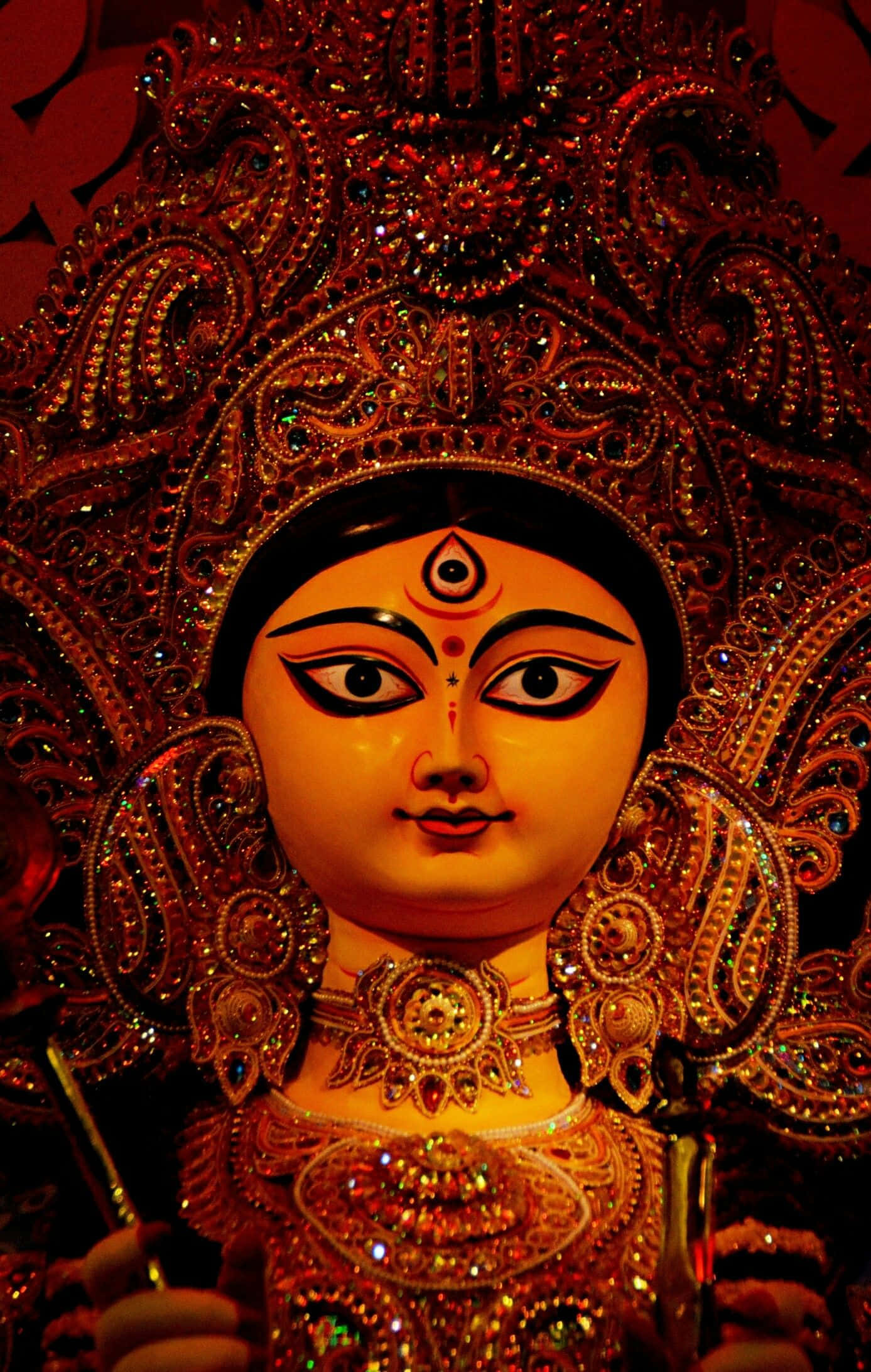 Durga, golden statue, intricate jeweled crown, Full HD Phone Wallpaper