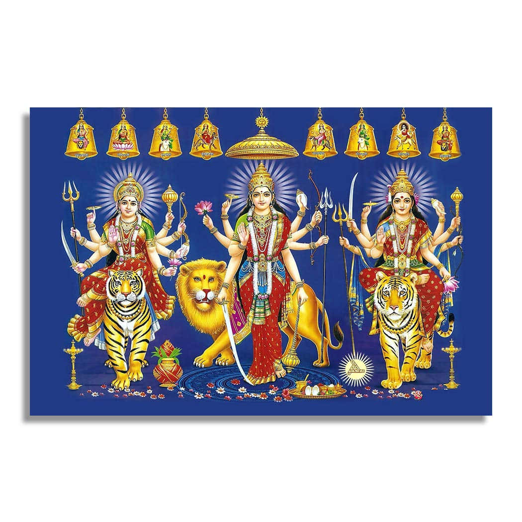Nav Durga, three multi-armed Hindu goddesses, vibrant red and gold attire, SD Desktop Wallpaper