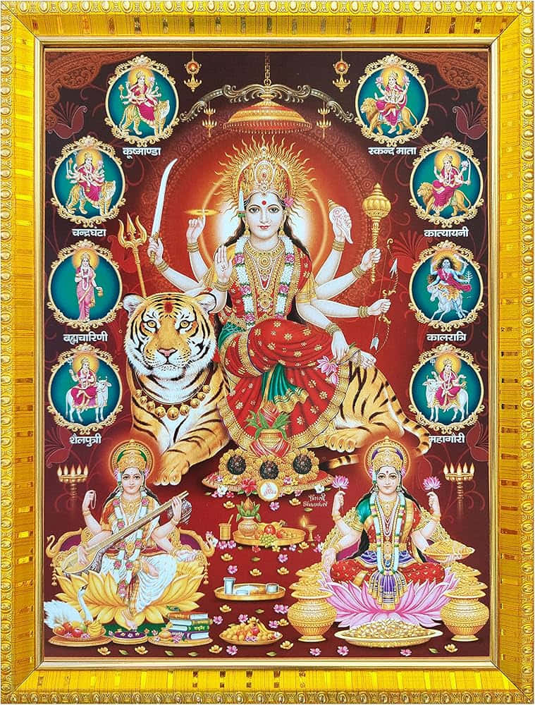 Nav Durga, tiger throne, eight smaller deities, SD Phone Wallpaper