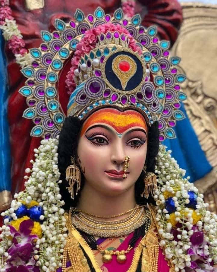 Nav Durga, jeweled crown, colorful flowers, SD Phone Wallpaper