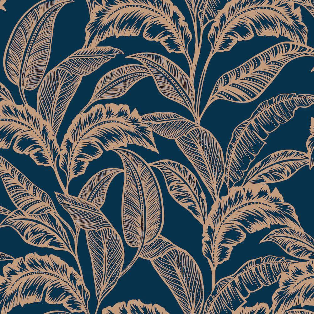 Navy Gold Feather Pattern, golden-brown tropical leaves, intricate vein details, SD Desktop Wallpaper