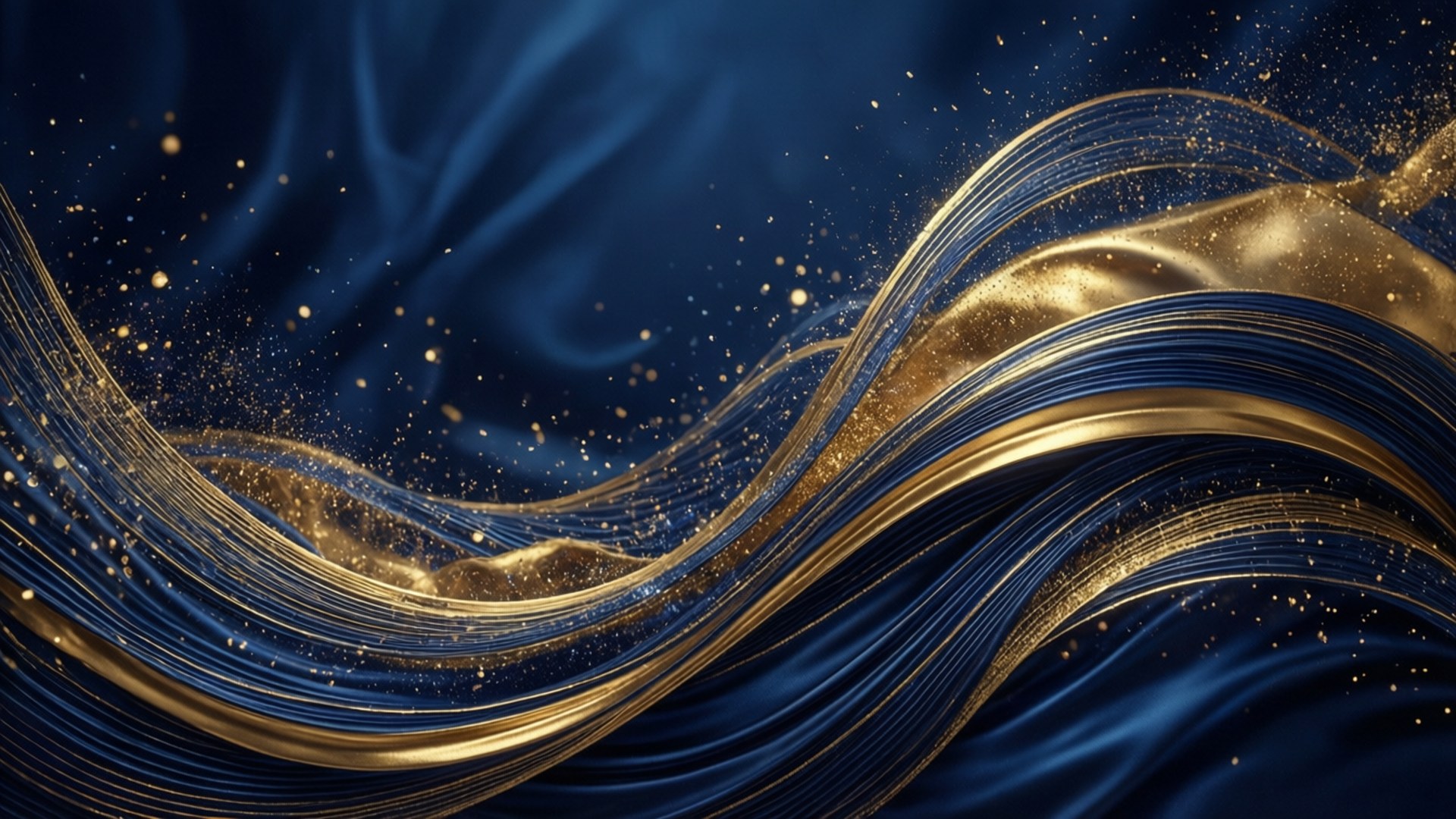 golden ribbons, deep blue satin backdrop, shimmering particles, Full HD Desktop Wallpaper