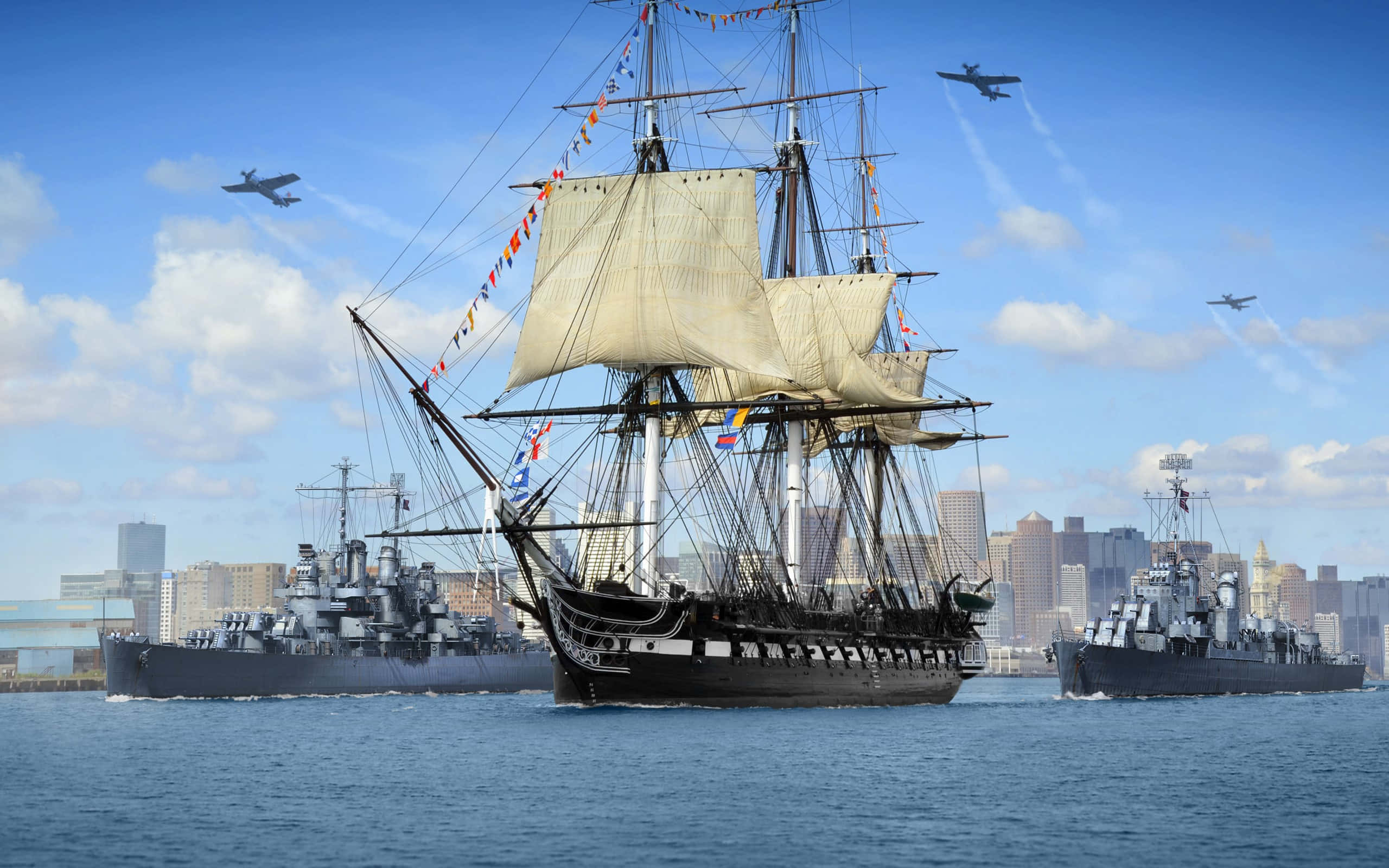 tall ship, modern warships, bright blue sky, 2K Desktop Wallpaper