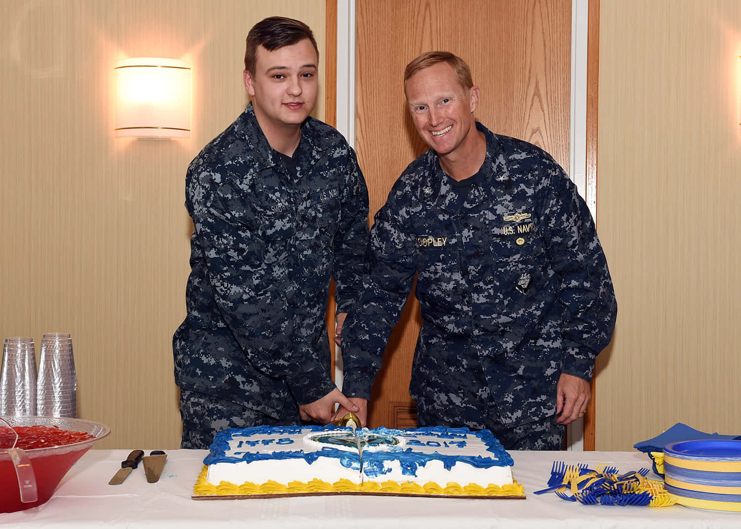 Navy Birthday, blue and yellow cake, camouflage uniforms, HD Desktop Wallpaper