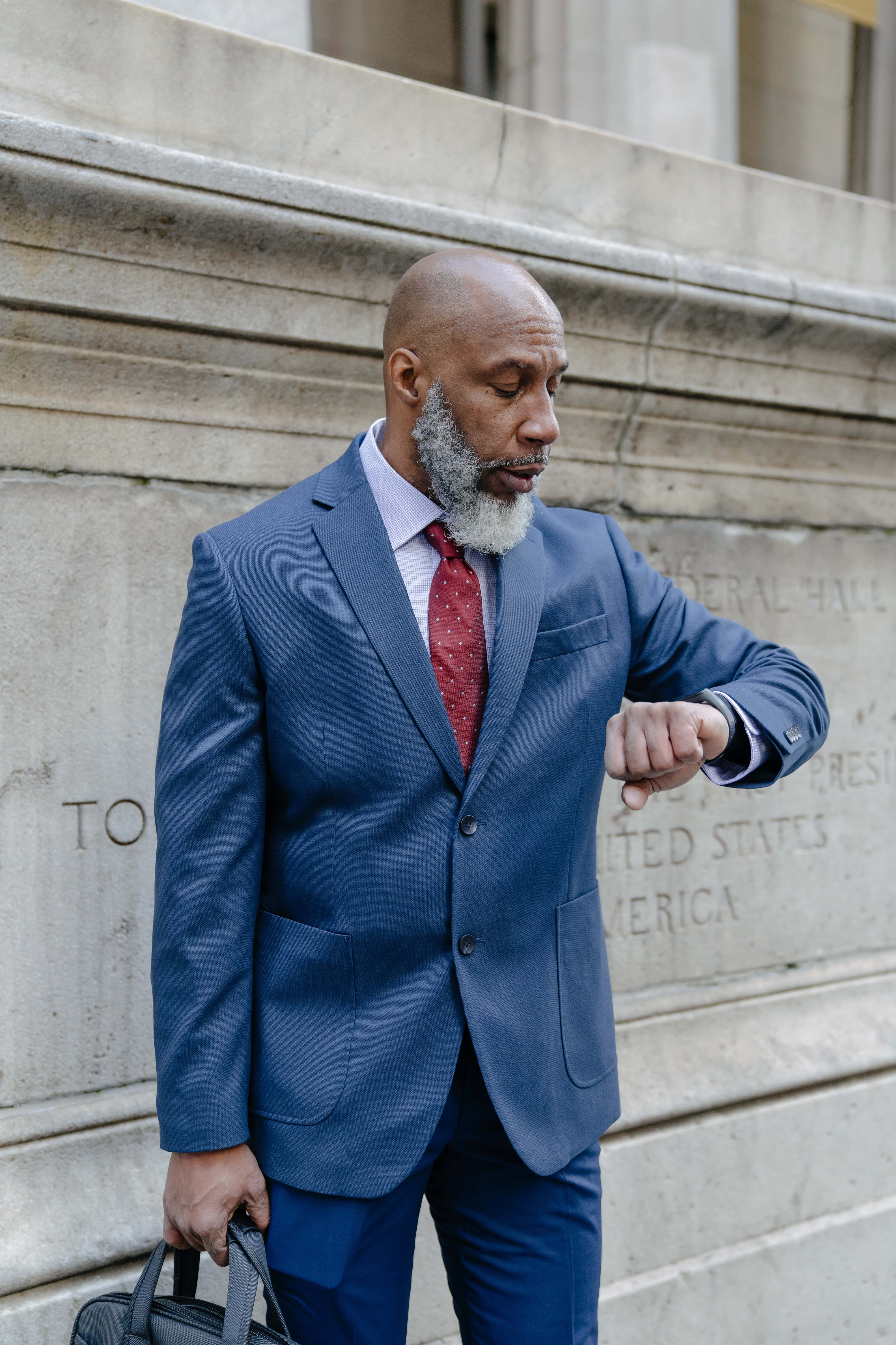 Navy Blue Blazer, blue suit, bald man, 5K Phone Wallpaper
