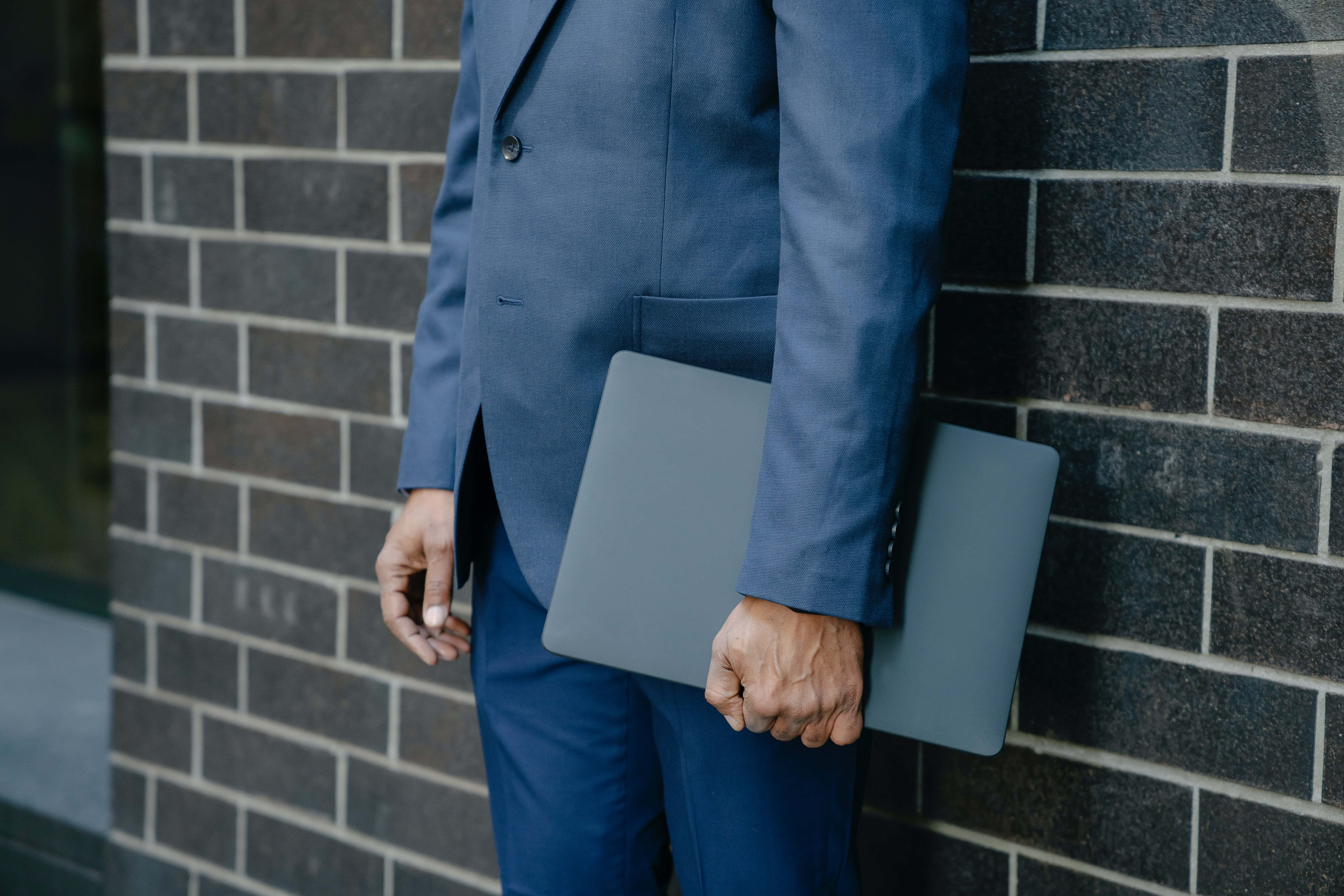 Navy Blue Blazer, blue suit, dark brick wall, 5K Desktop Wallpaper
