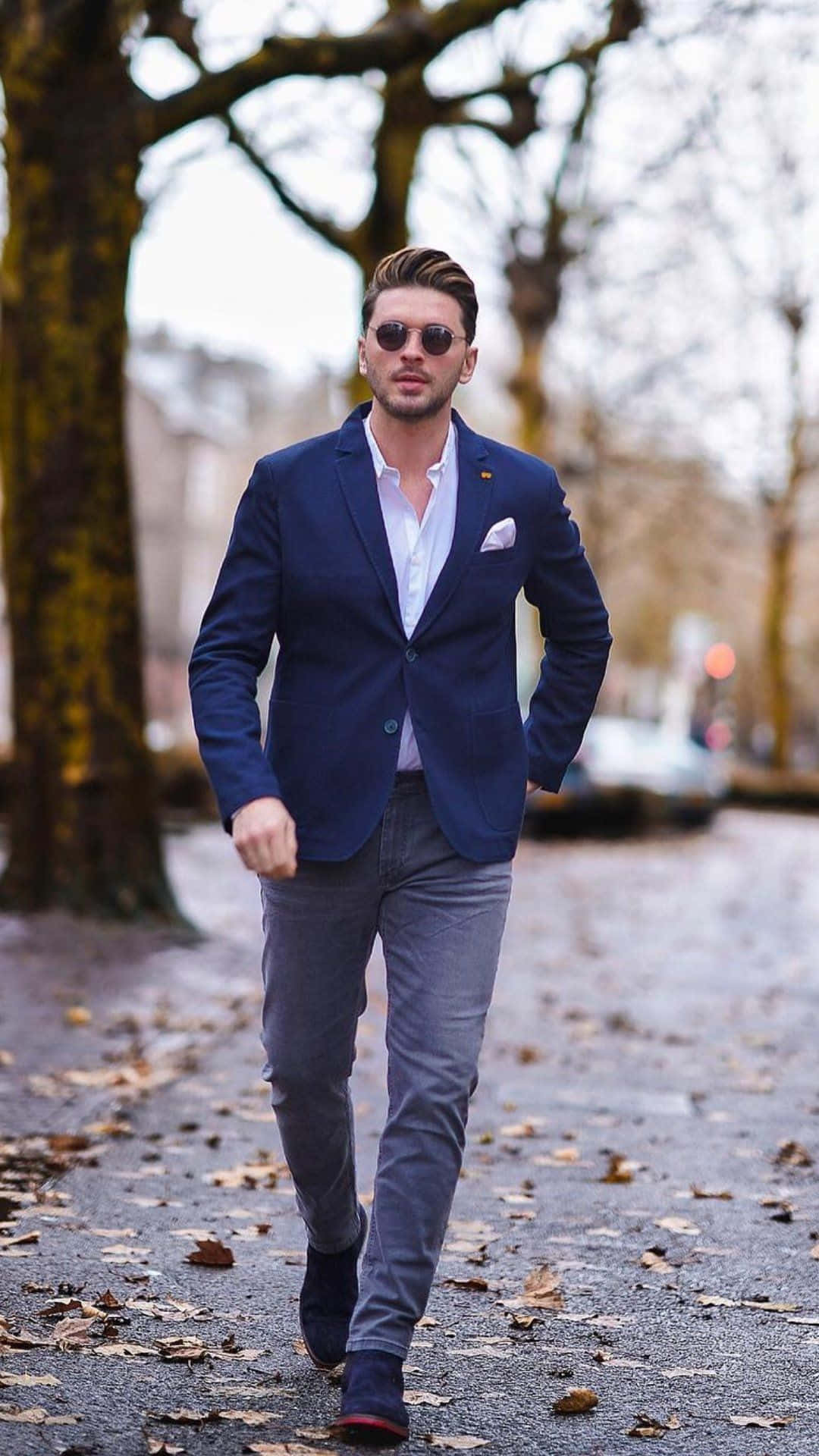 Navy Blue Blazer, grey pants, leaf-strewn urban sidewalk, Full HD Phone Wallpaper