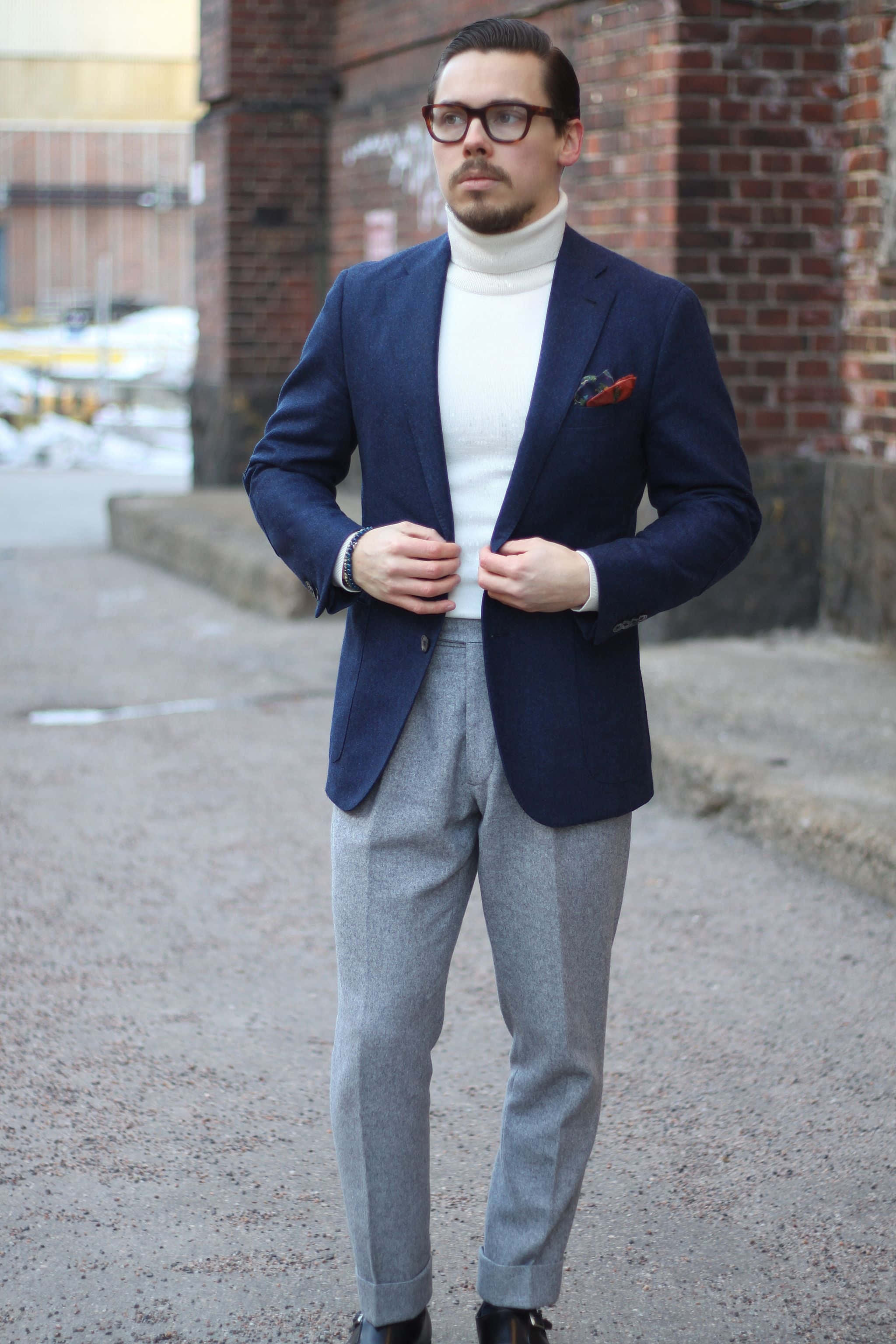 navy blue blazer, grey trousers, brick wall, 2K Phone Wallpaper