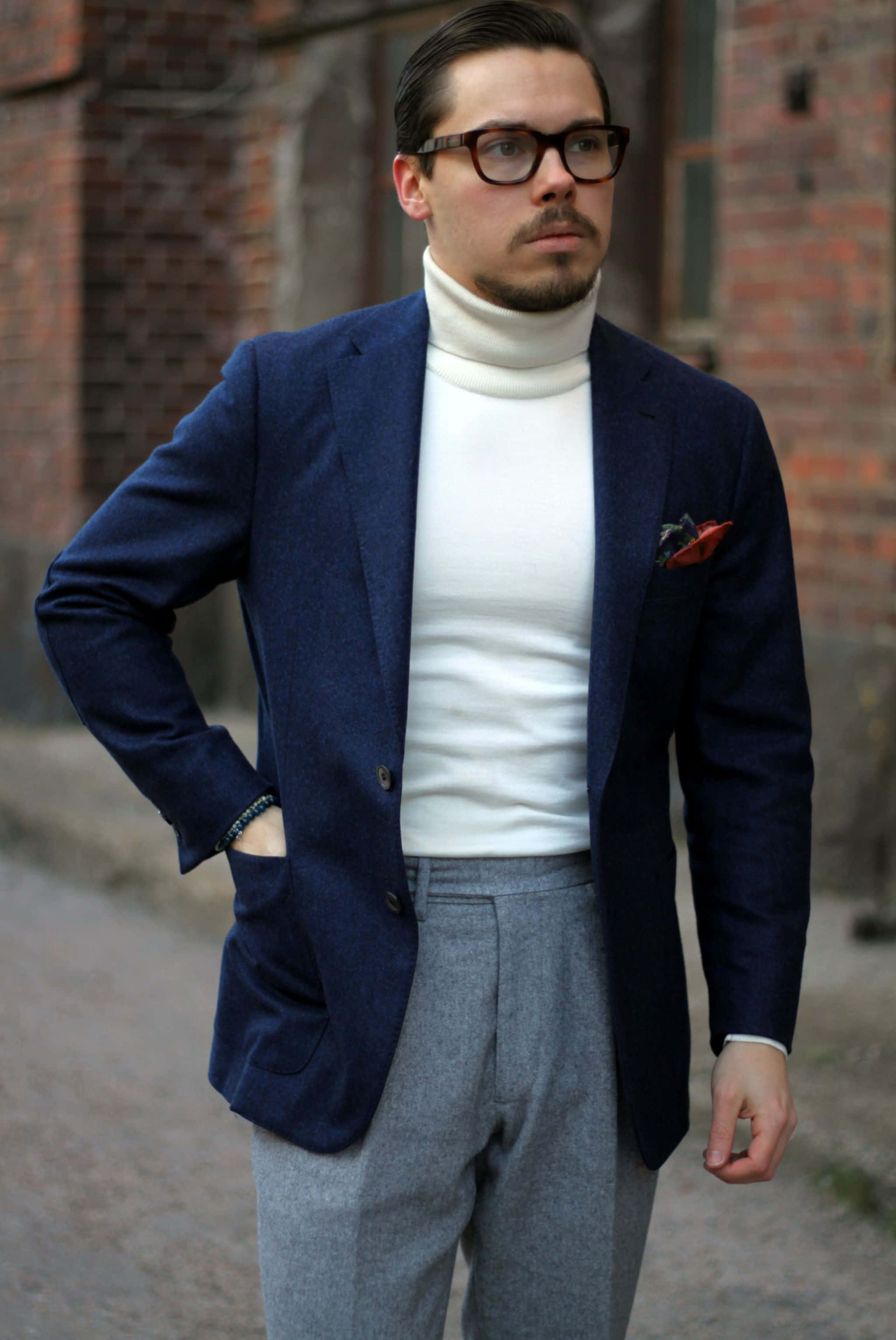 navy blue blazer, white turtleneck, weathered brick wall, 2K Phone Wallpaper