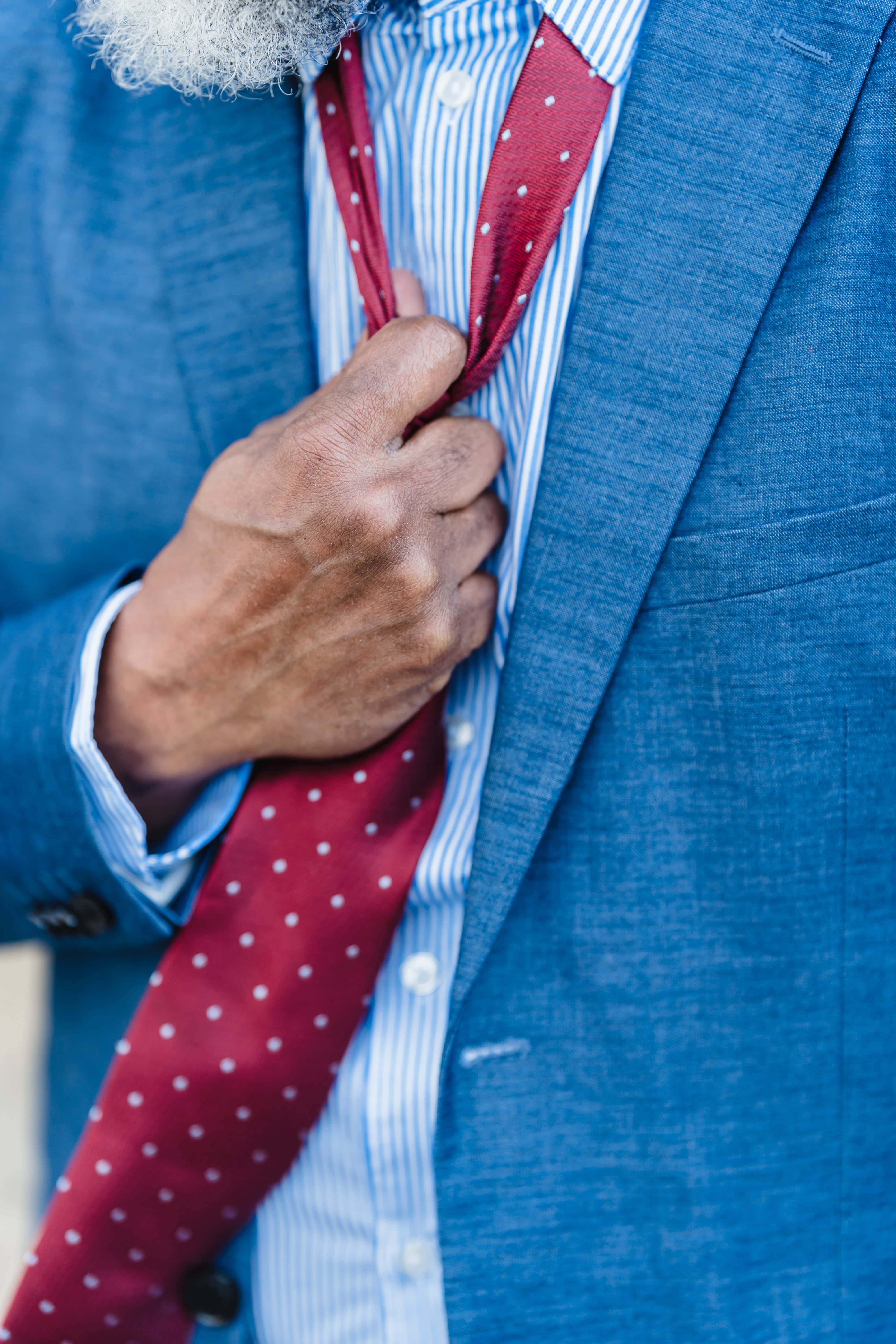 Navy Blue Blazer, red polka dot tie, blue suit, 5K Phone Wallpaper