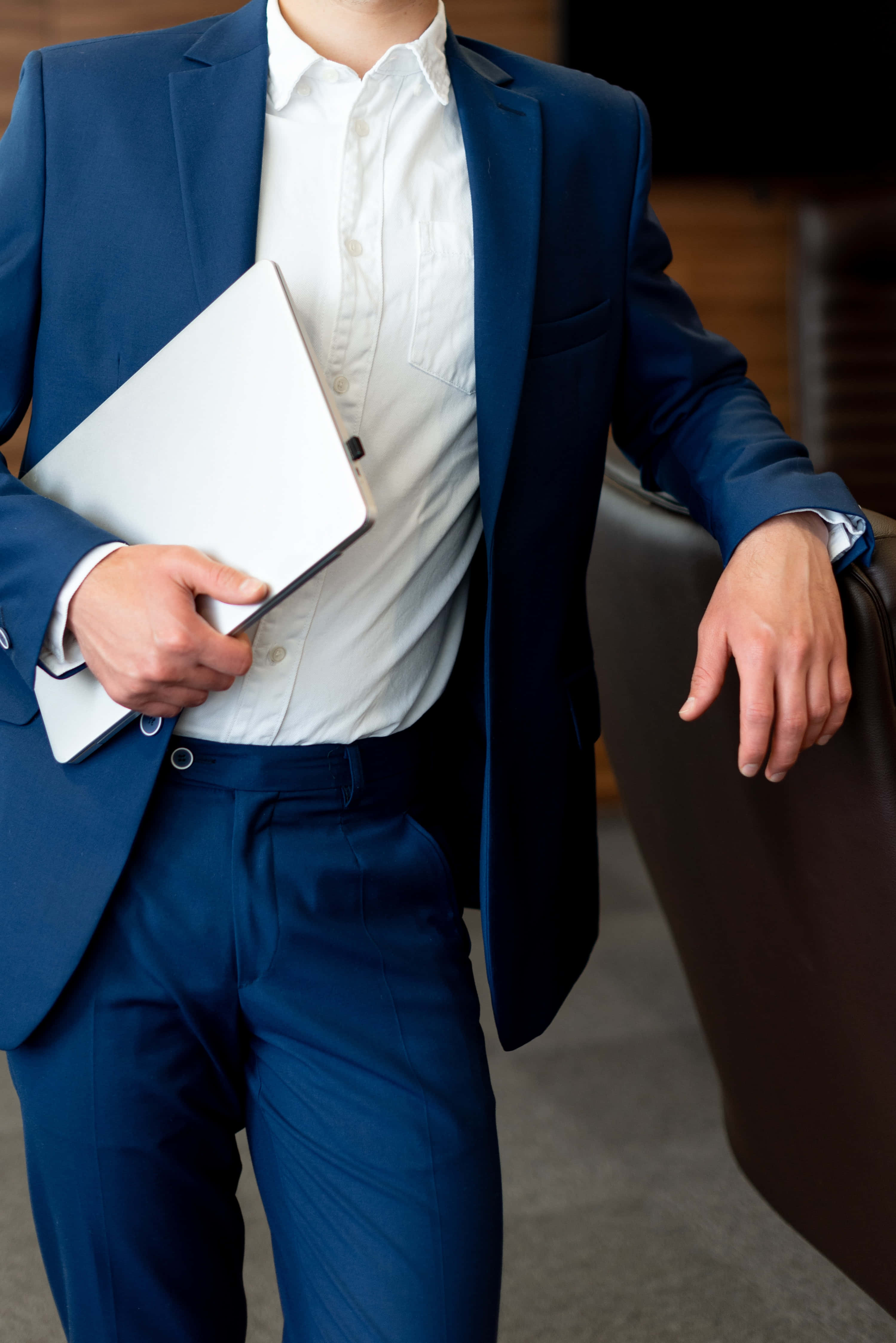 Navy Blue Blazer, blue suit, white laptop, 4K Phone Wallpaper