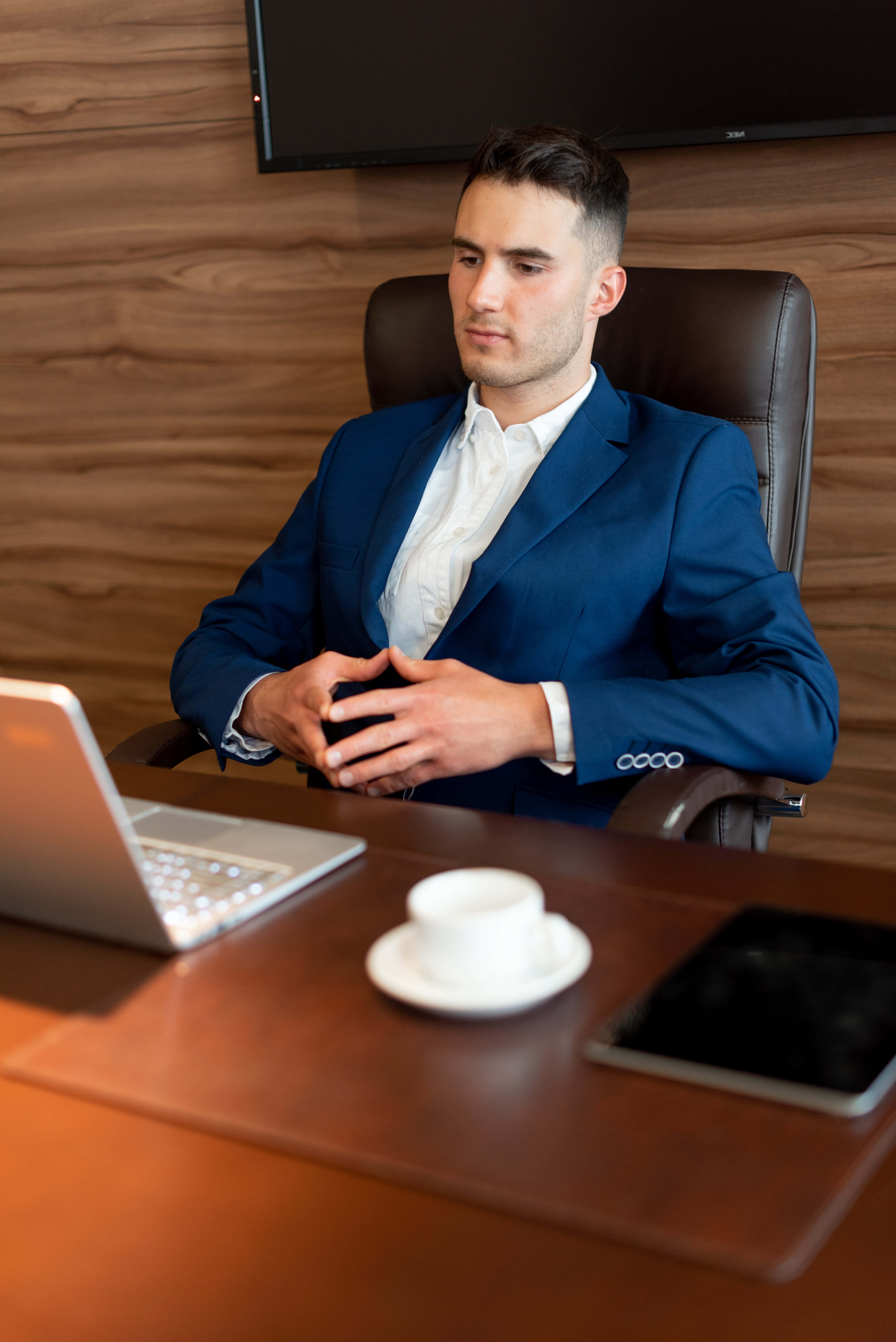 Navy Blue Blazer, wooden desk, laptop, 5K Phone Wallpaper