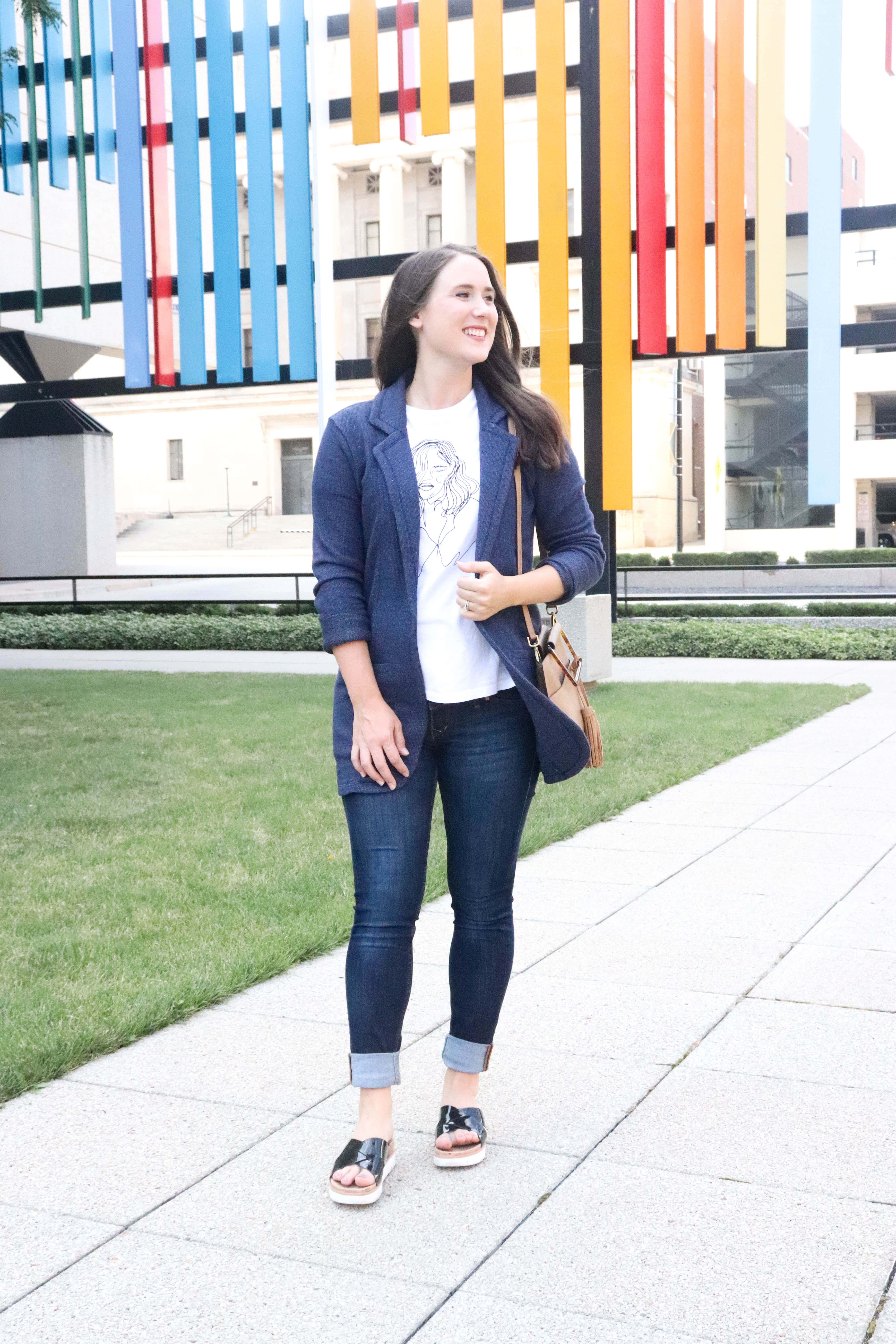 Navy Blue Blazer, sidewalk, colorful modern building facade, 5K Phone Wallpaper