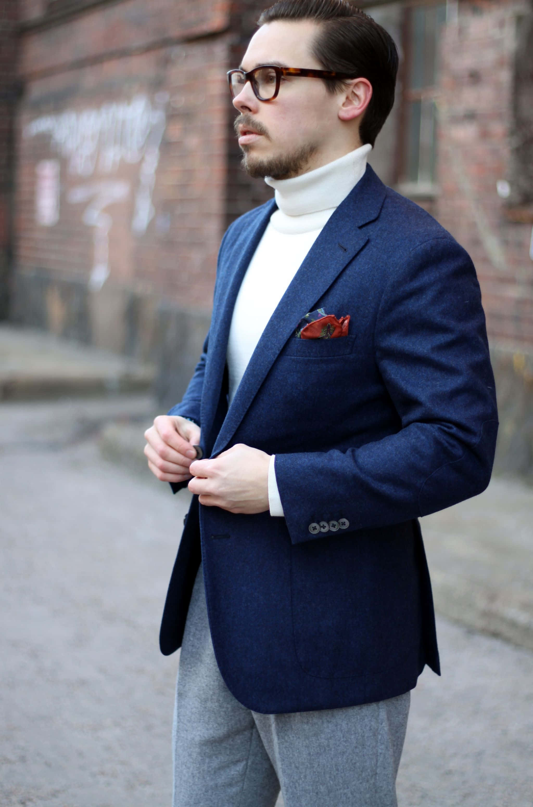 Navy Blue Blazer, white turtleneck, gritty brick wall, 2K Phone Wallpaper