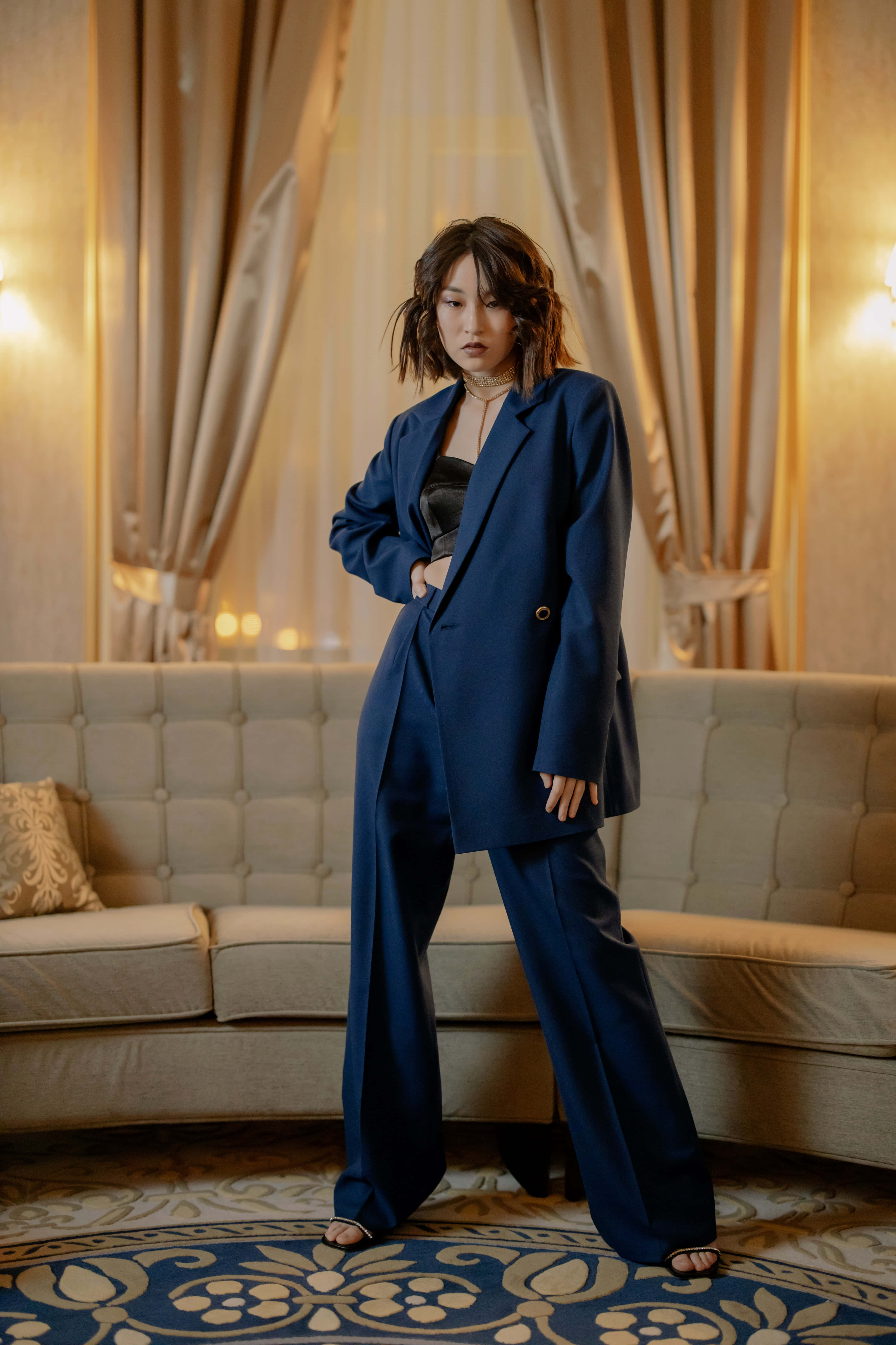 navy blue blazer, navy blue suit, gold curtains, 5K Phone Wallpaper