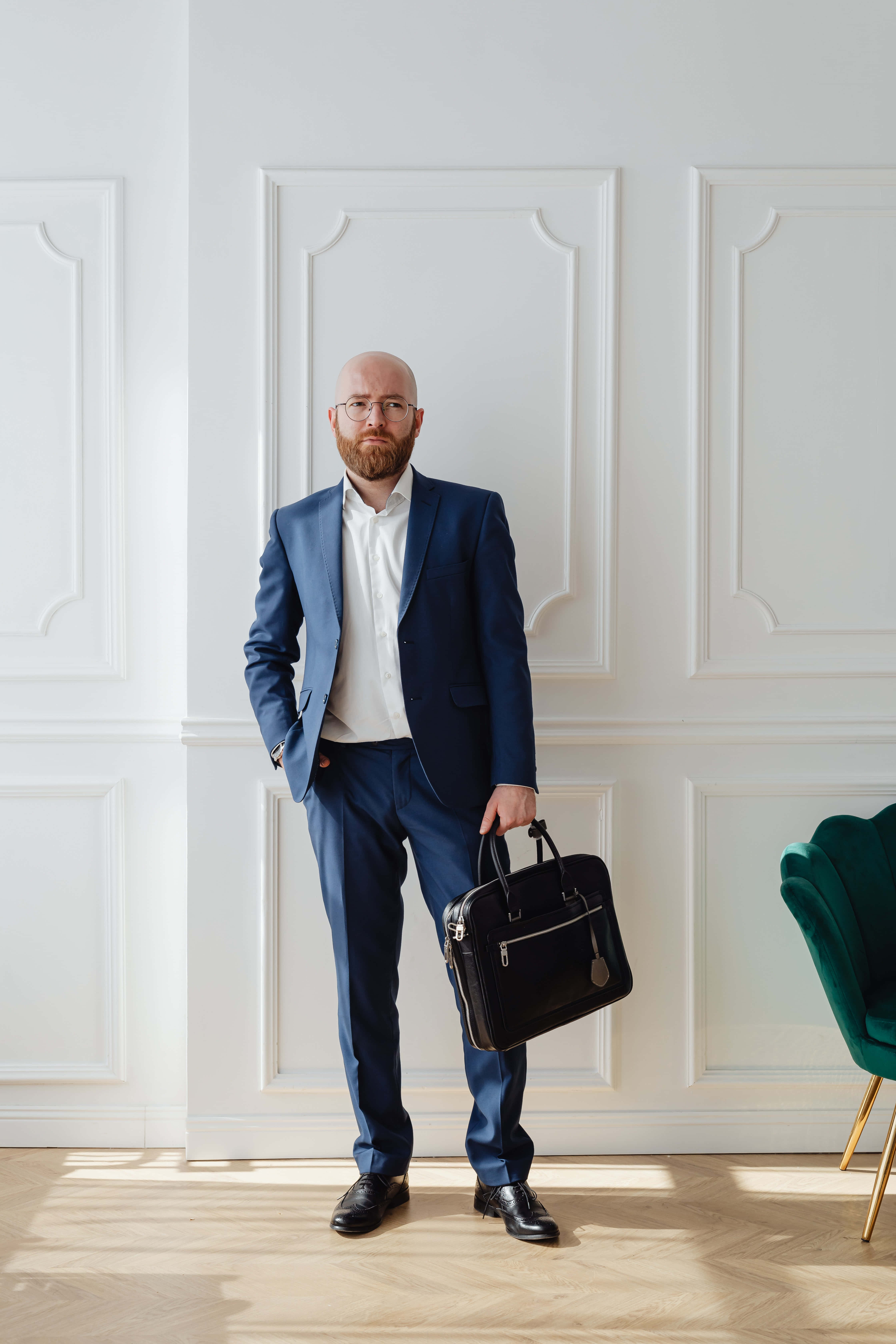 navy blue blazer, bald man with a beard, navy suit, 5K Phone Wallpaper