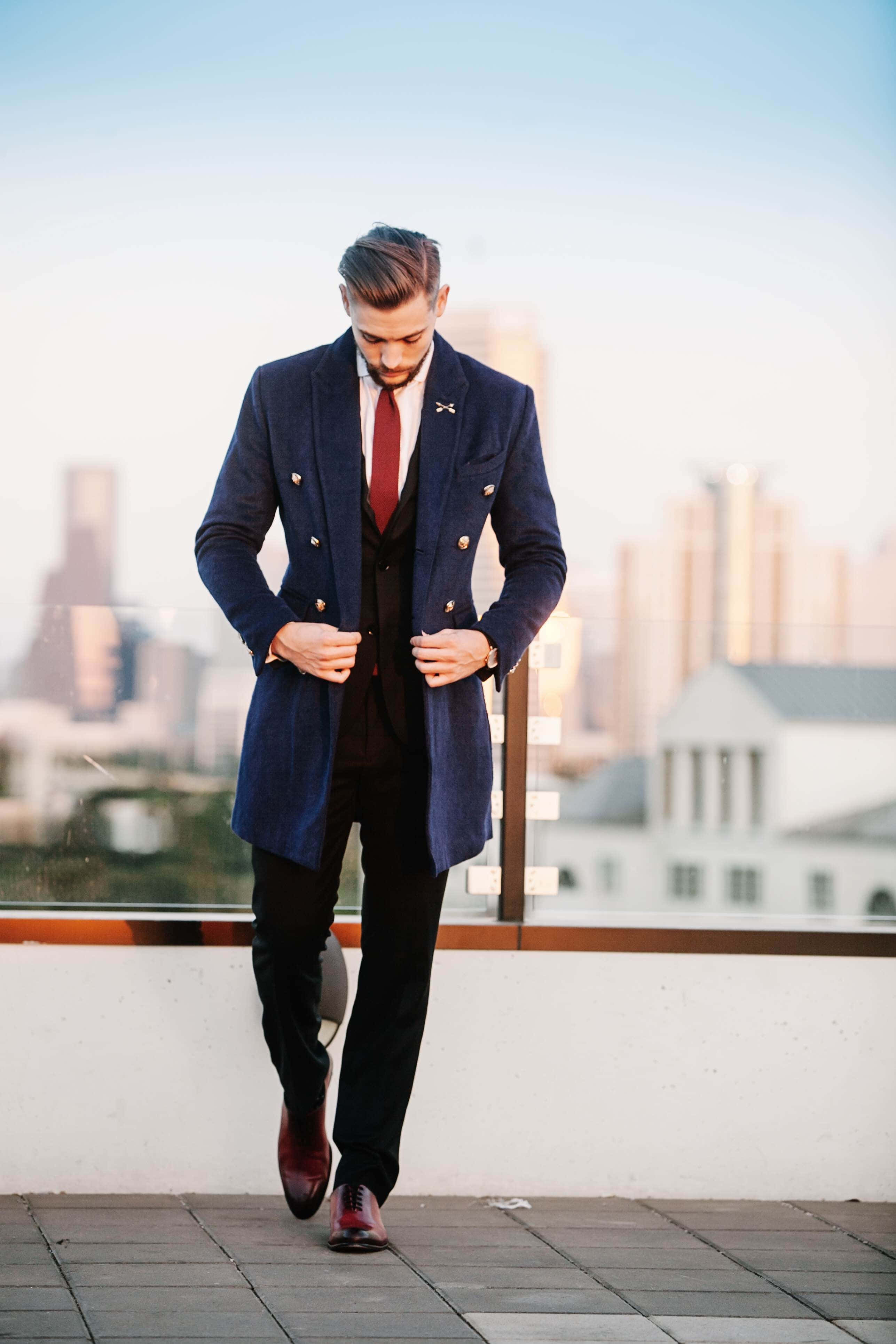 Navy Blue Blazer, double-breasted coat, rooftop, 4K Phone Wallpaper