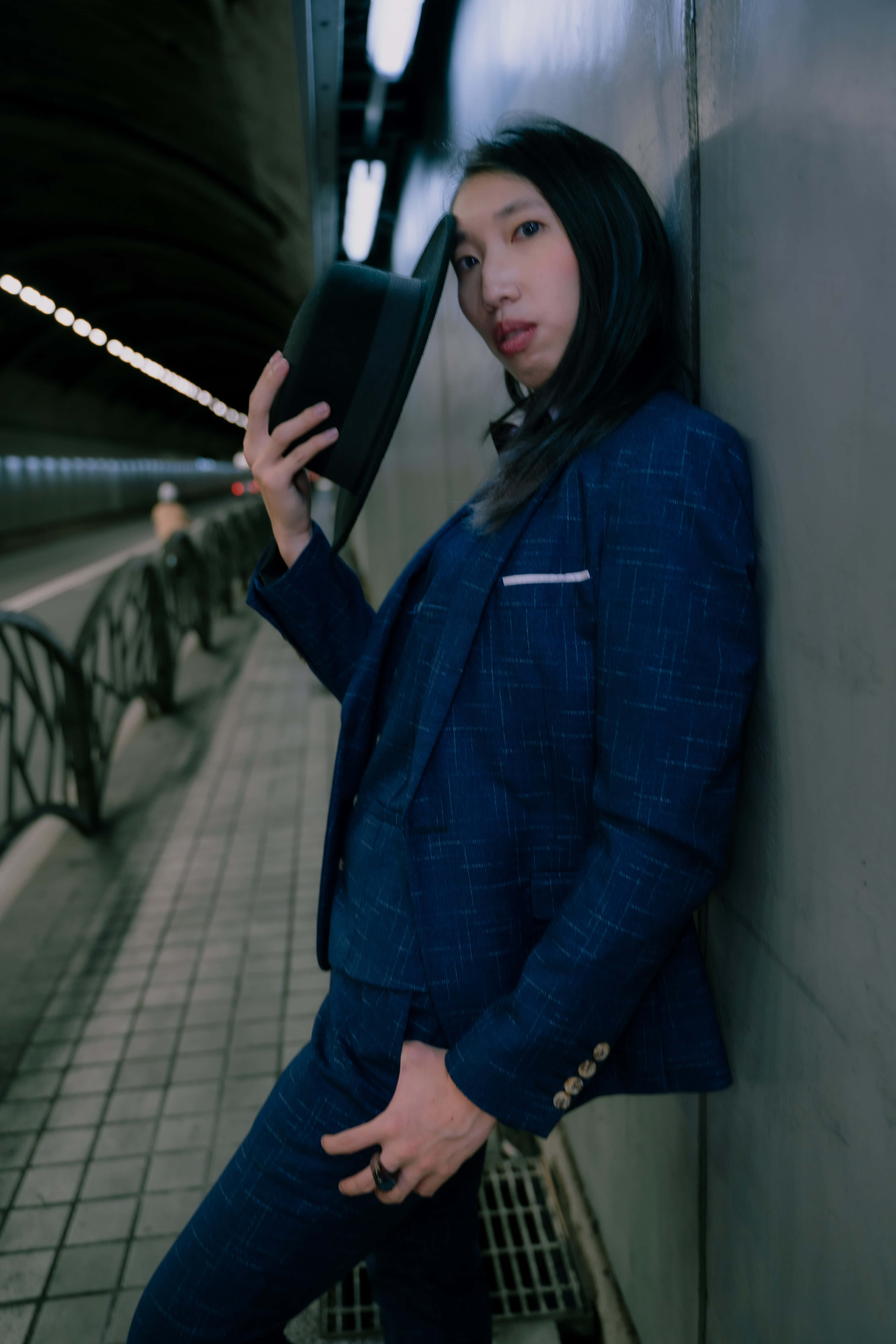 Navy Blue Blazer, blue checkered suit, tunnel wall, 5K Phone Wallpaper