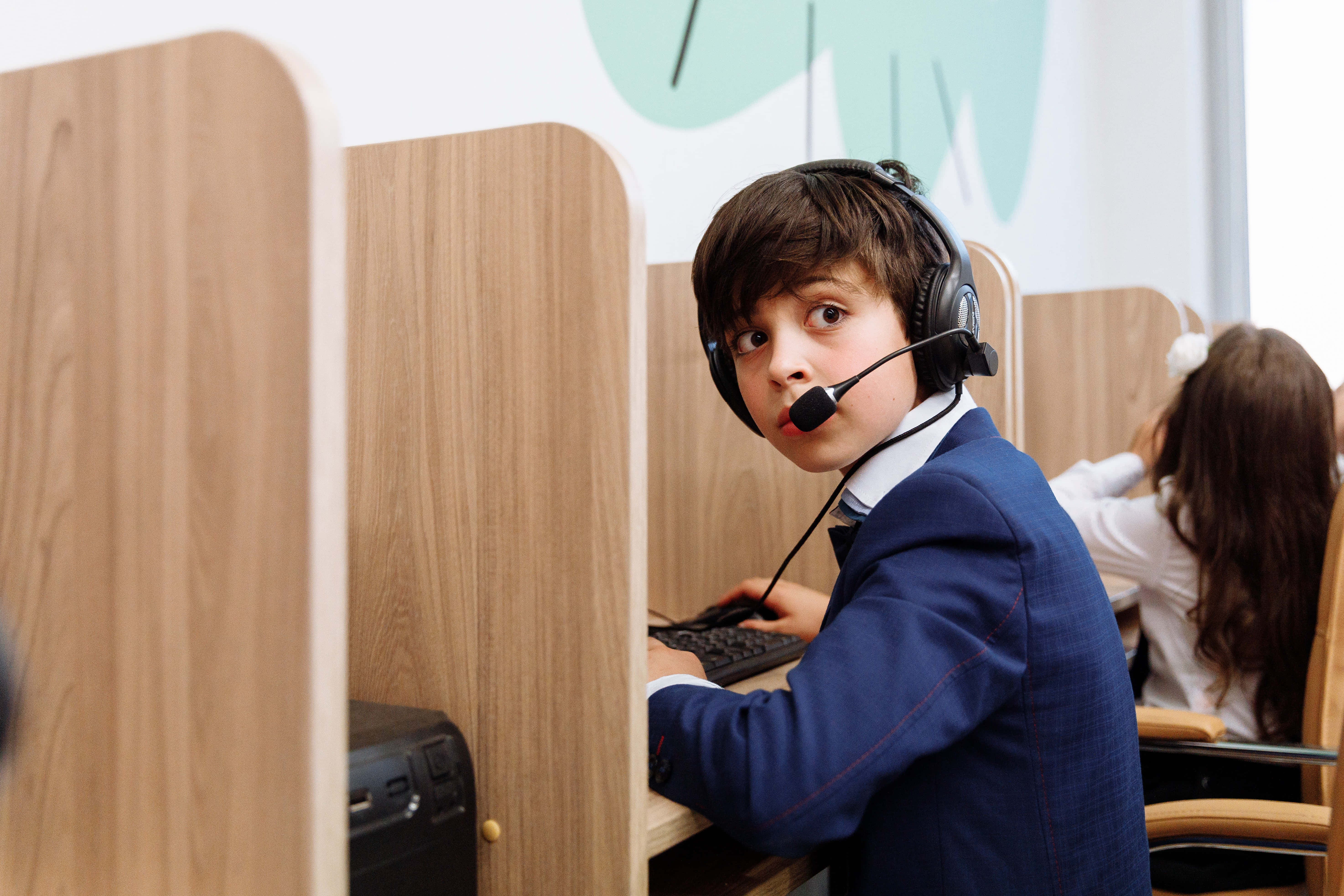 Navy Blue Coat, blue suit, headset, 5K Desktop Wallpaper