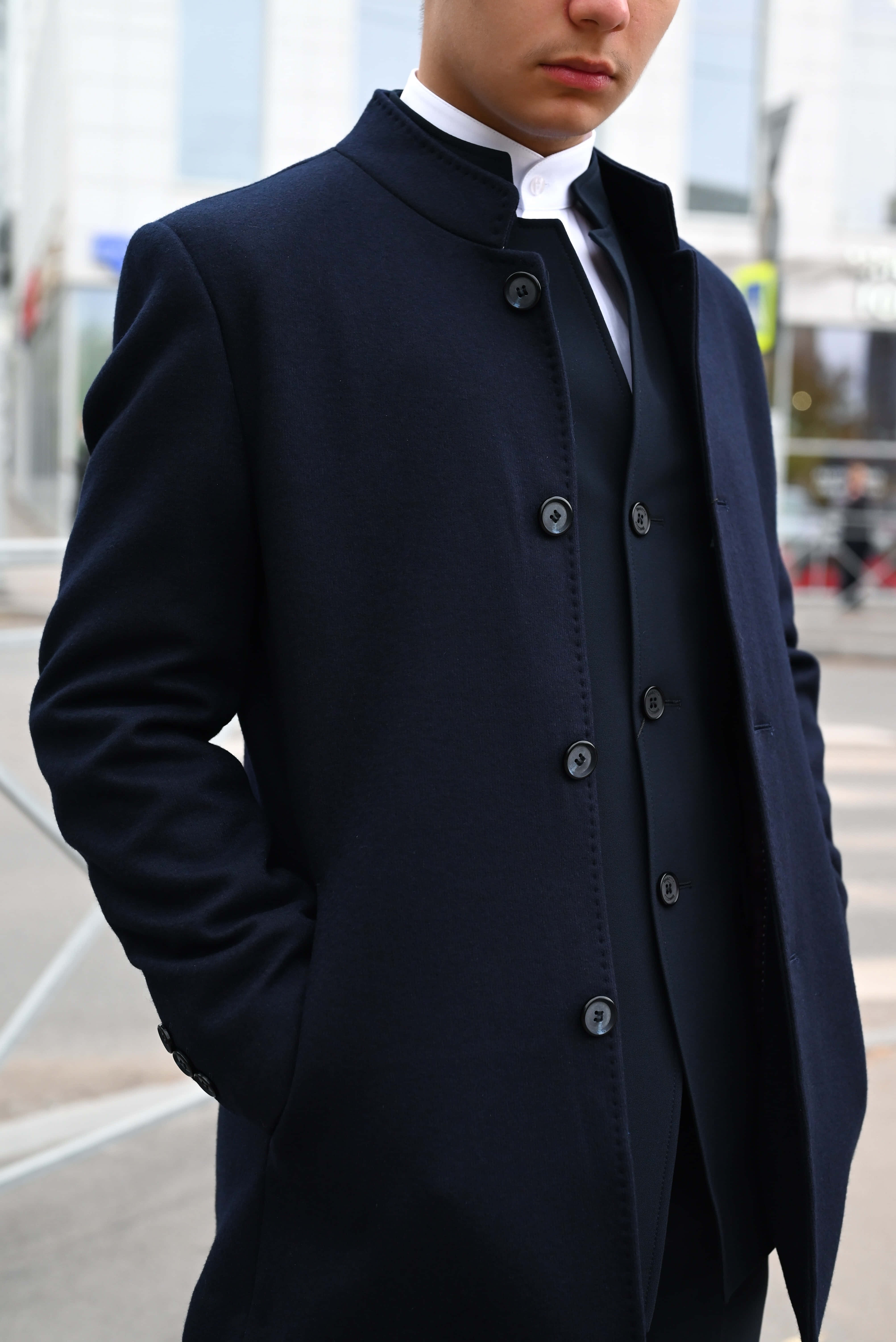 navy blue coat, white collar, city street, 5K Phone Wallpaper