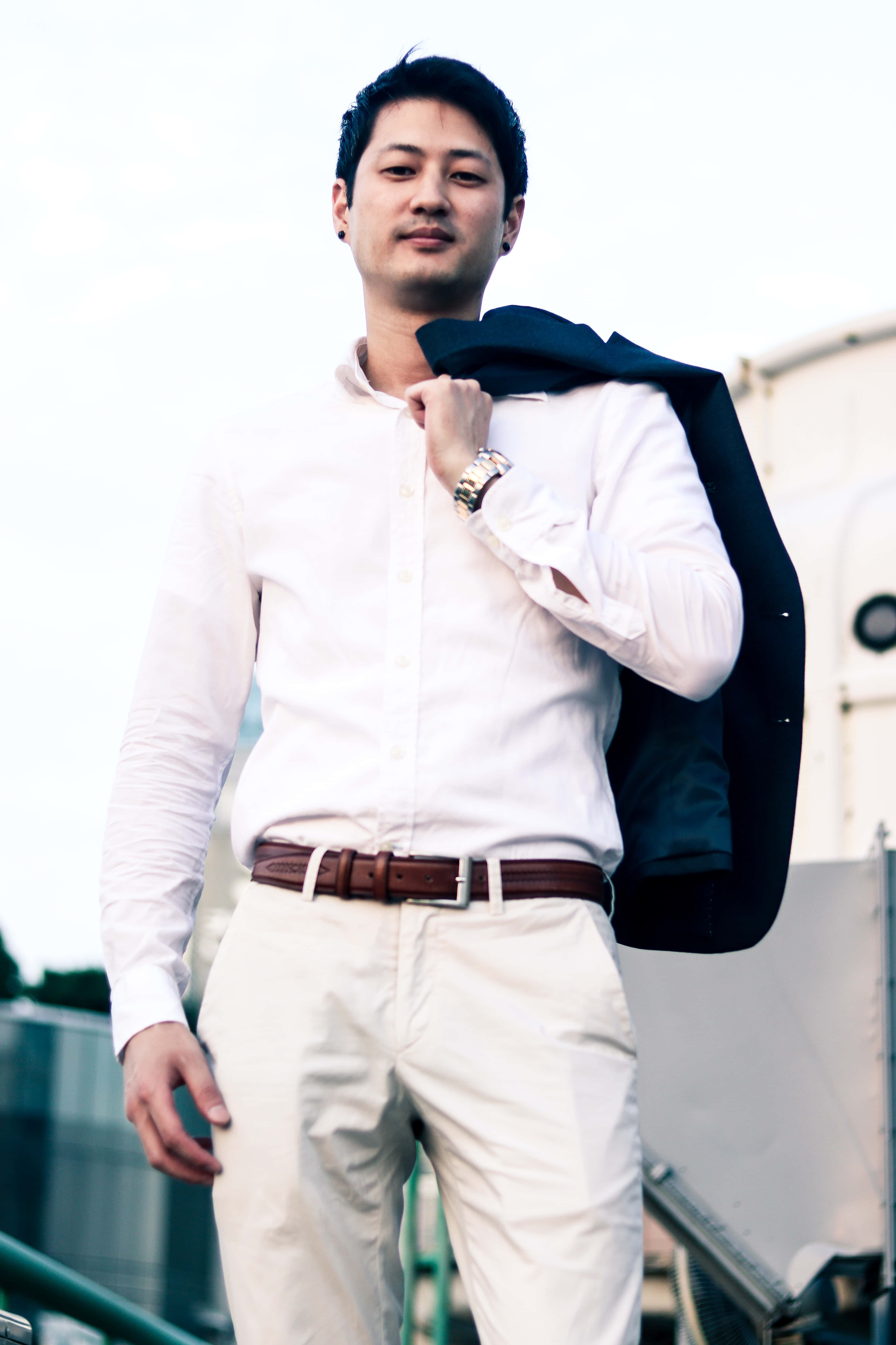 navy blue coat, crisp white shirt, beige pants, 5K Phone Wallpaper