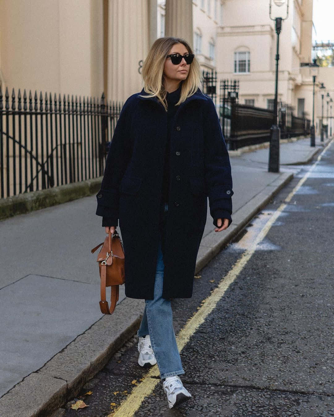 Navy Blue Coat, wet urban street, beige buildings, HD Phone Wallpaper