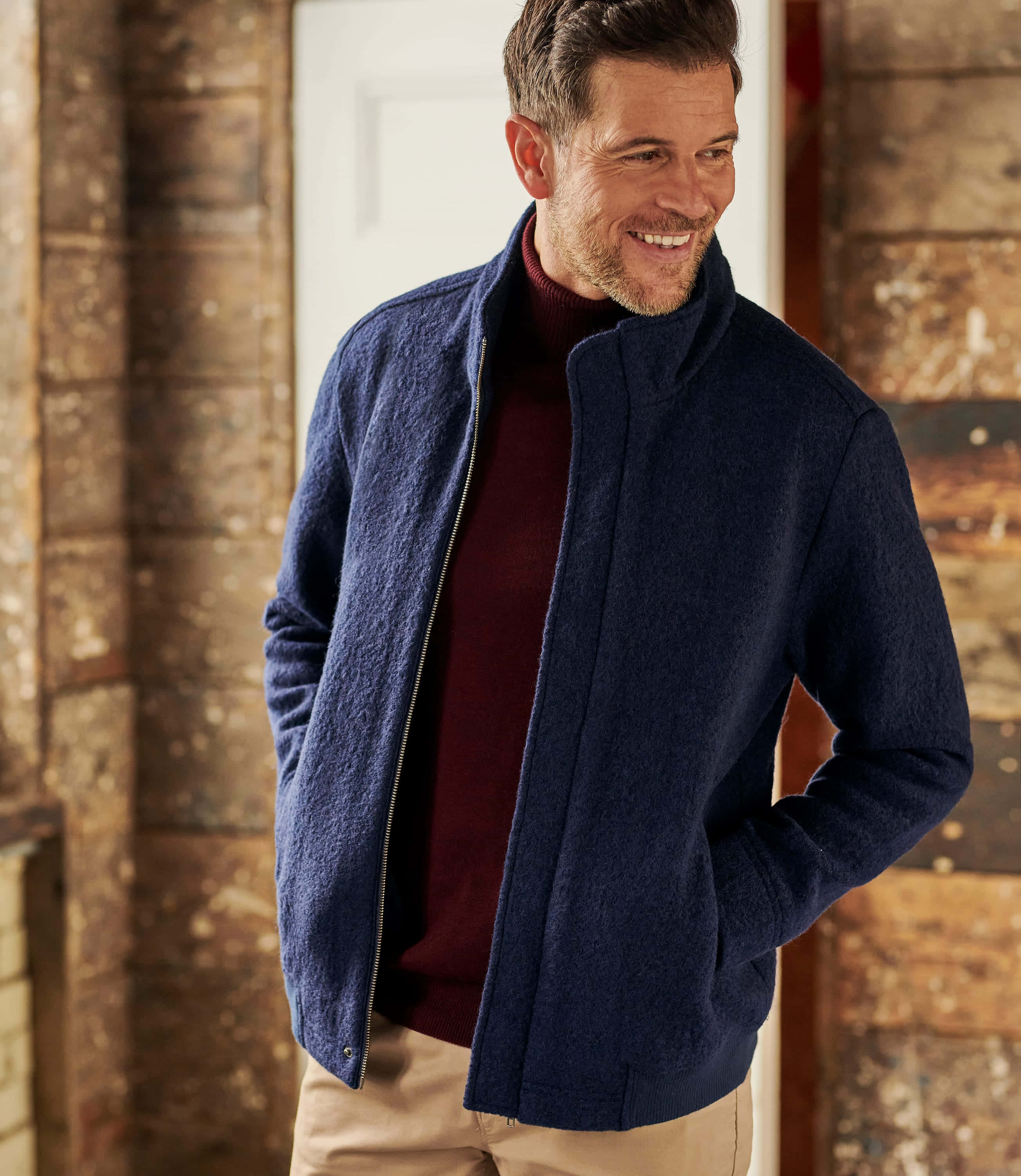 navy fleece jacket, maroon turtleneck, rustic wooden walls, 2K Phone Wallpaper