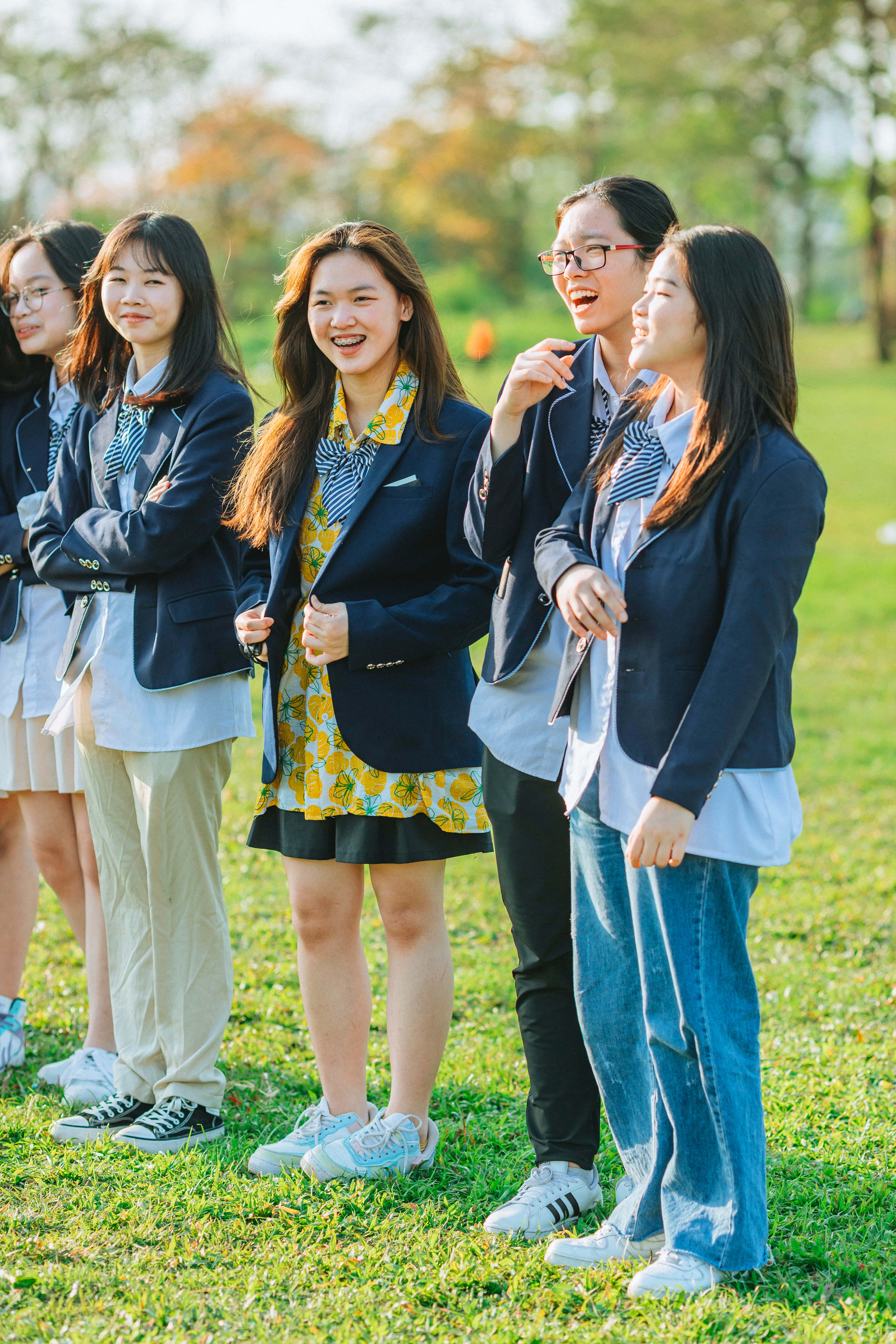 Navy Blue Coat, school uniforms, sunlit grassy field, 5K Phone Wallpaper