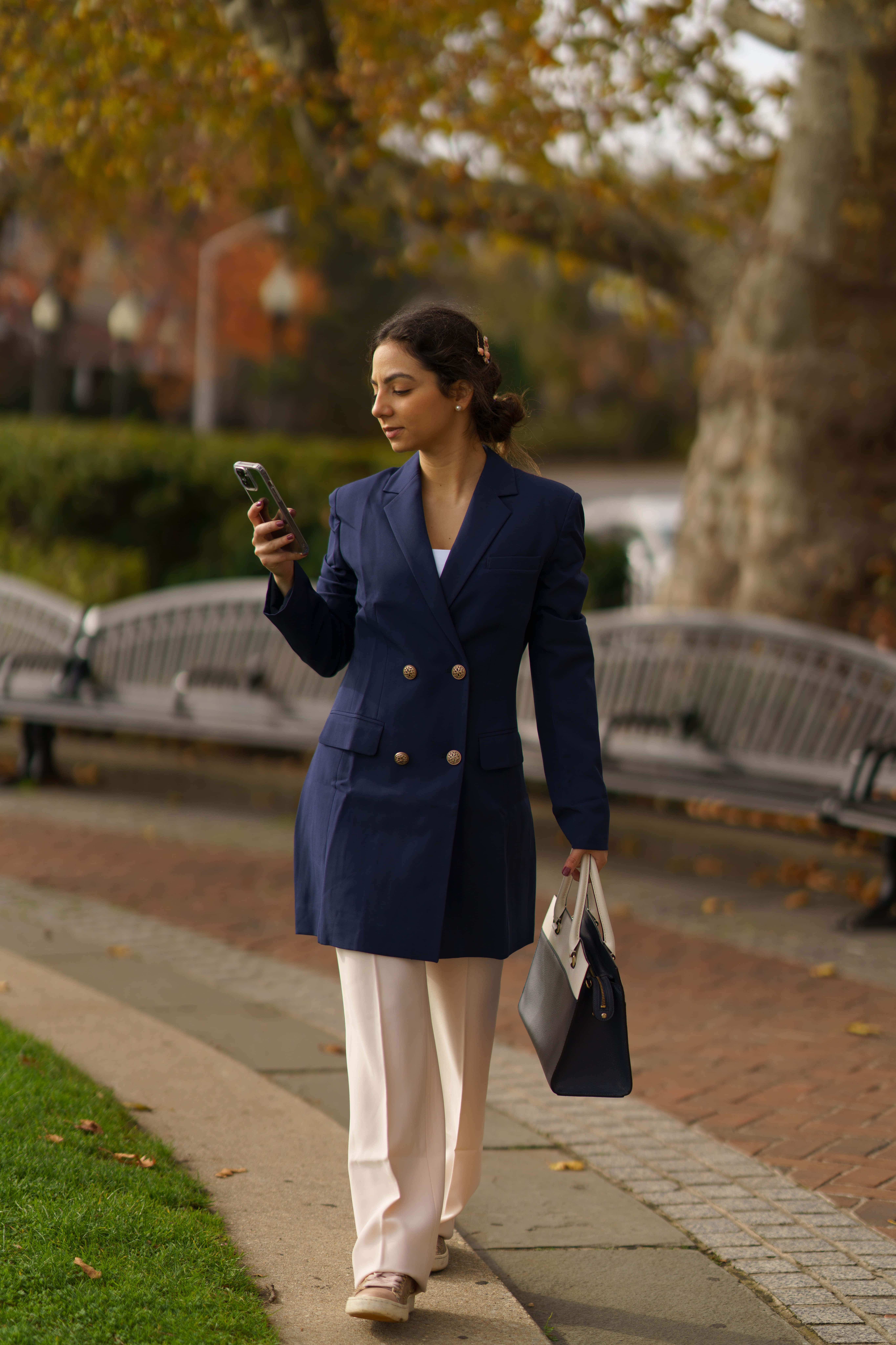 navy blazer, brick path, autumn trees, 8K Phone Wallpaper