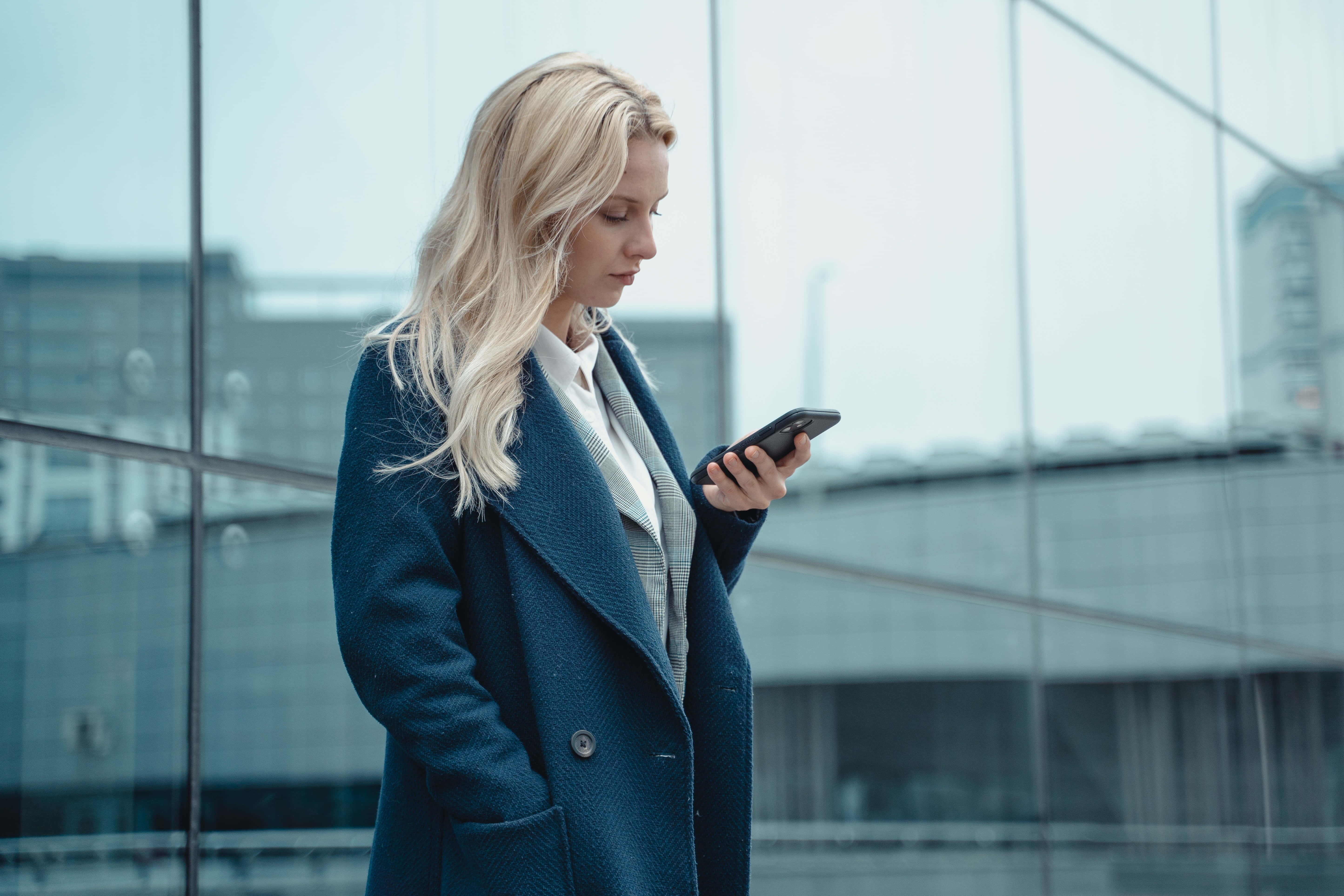 Navy Blue Coat, blonde woman, blue coat, 5K Desktop Wallpaper