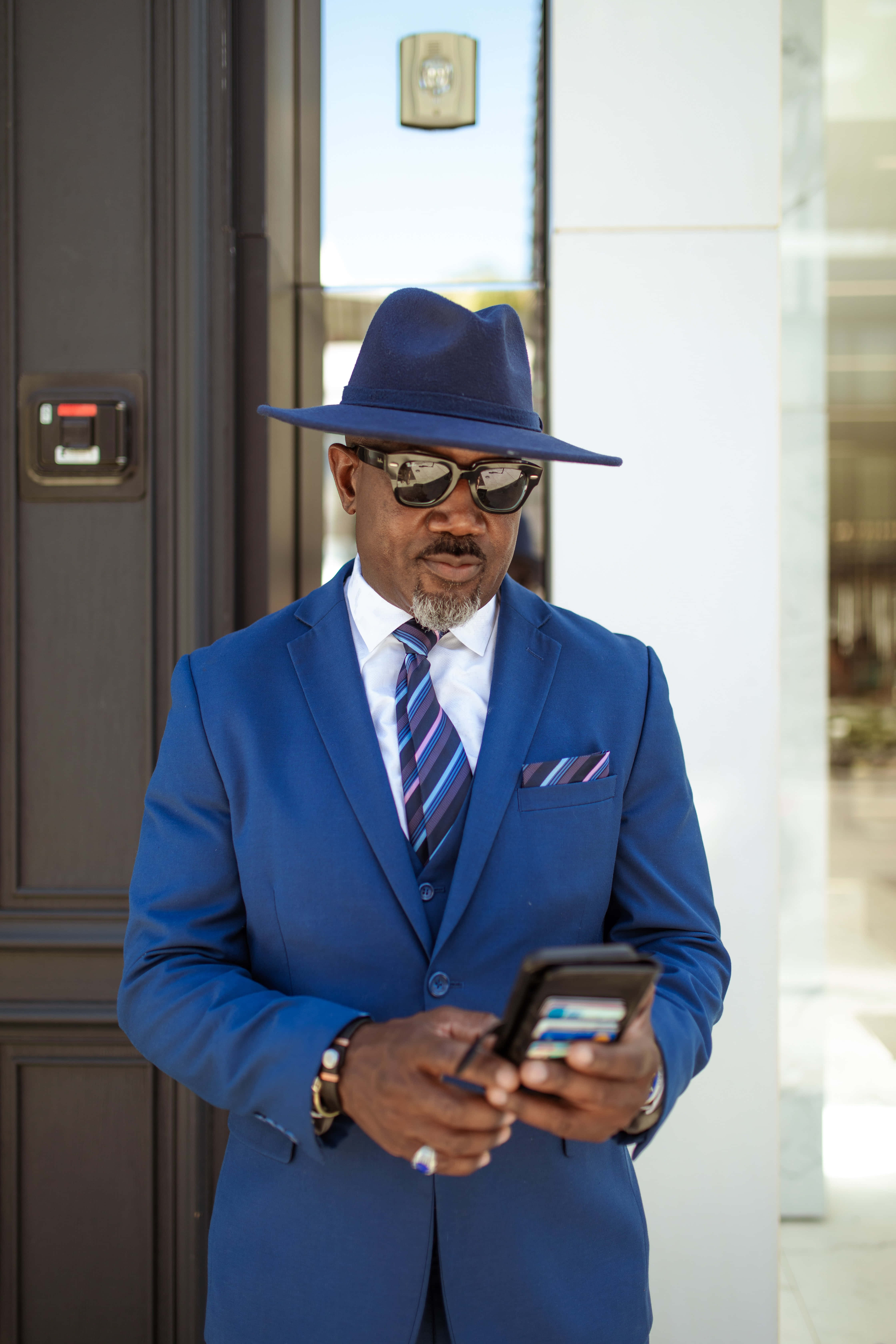 Navy Blue Coat, blue suit, fedora, 5K Phone Wallpaper