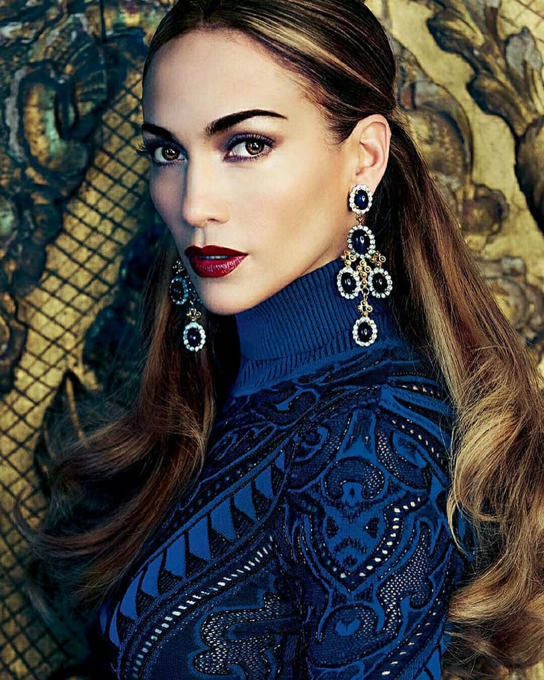 Navy Blue Dress, bold red lips, ornate earrings, HD Phone Wallpaper
